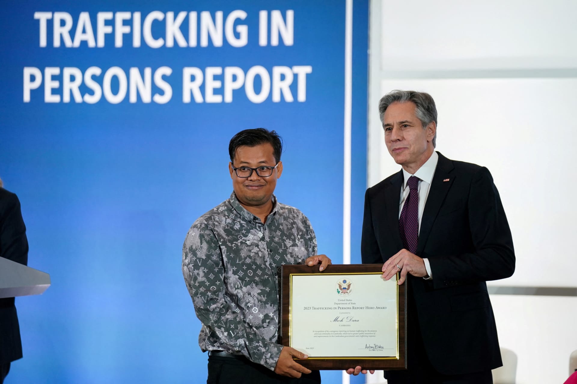 <p>U.S. Secretary of State Antony Blinken presents Mech Dara with the TIP Report Hero award at the release of the 2023 Trafficking in Persons (TIP) Report at the State Department in Washington, D.C. on June 15, 2023. </p>

