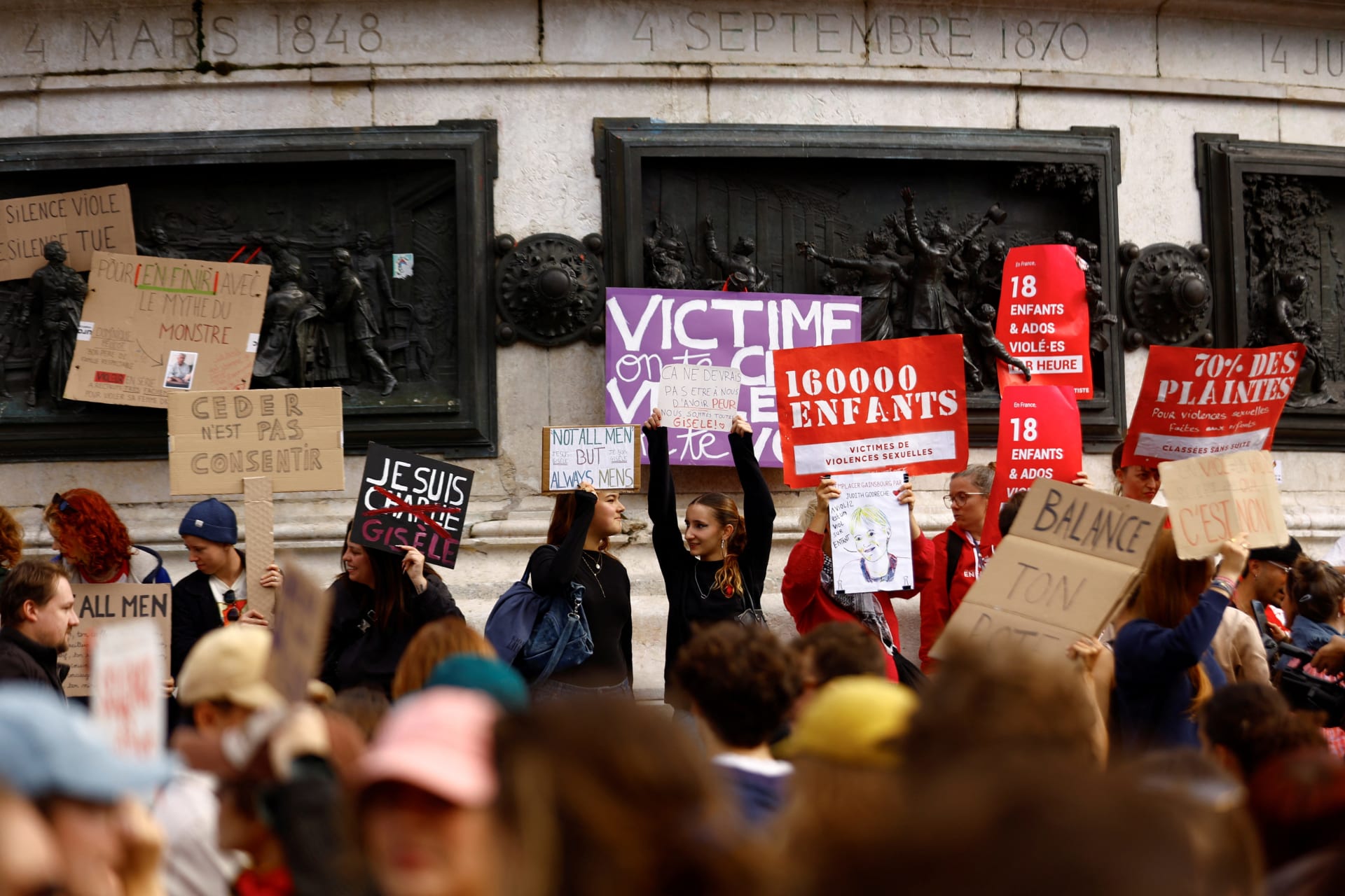<p>People attend a demonstration in support of rape victims and Gisele Pelicot, who was allegedly drugged and raped by men solicited by her husband Dominique Pelicot, as the trial continues, at the Place de la Republique in Paris, France, September 14, 2024.</p>

