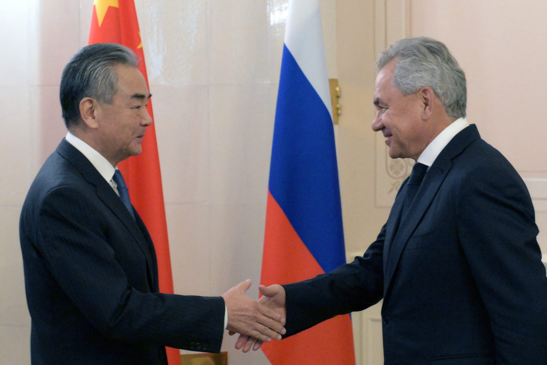 <p>Russian Security Council Secretary Sergei Shoigu meets with Chinese Foreign Minister Wang Yi during high-level BRICS meeting in Saint Petersburg, Russia on September 10, 2024.</p>
