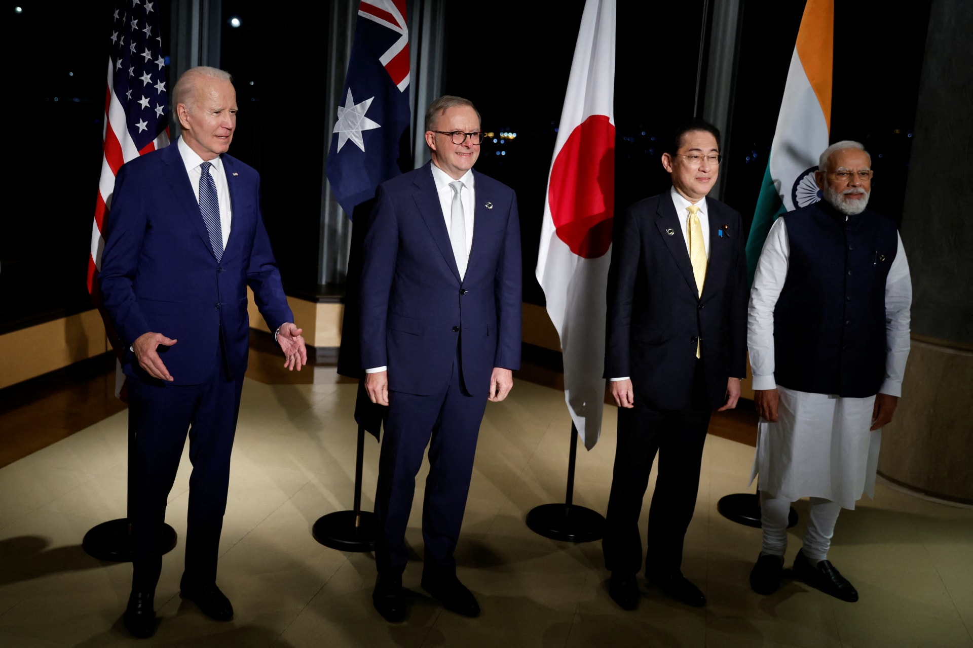 <p>U.S. President Joe Biden, Japan’s Prime Minister Fumio Kishida, Australia’s Prime Minister Anthony Albanese and India’s Prime Minister Narendra Modi hold a Quad meeting on the sidelines of the G7 summit in Hiroshima, Japan, May 20, 2023. </p>
