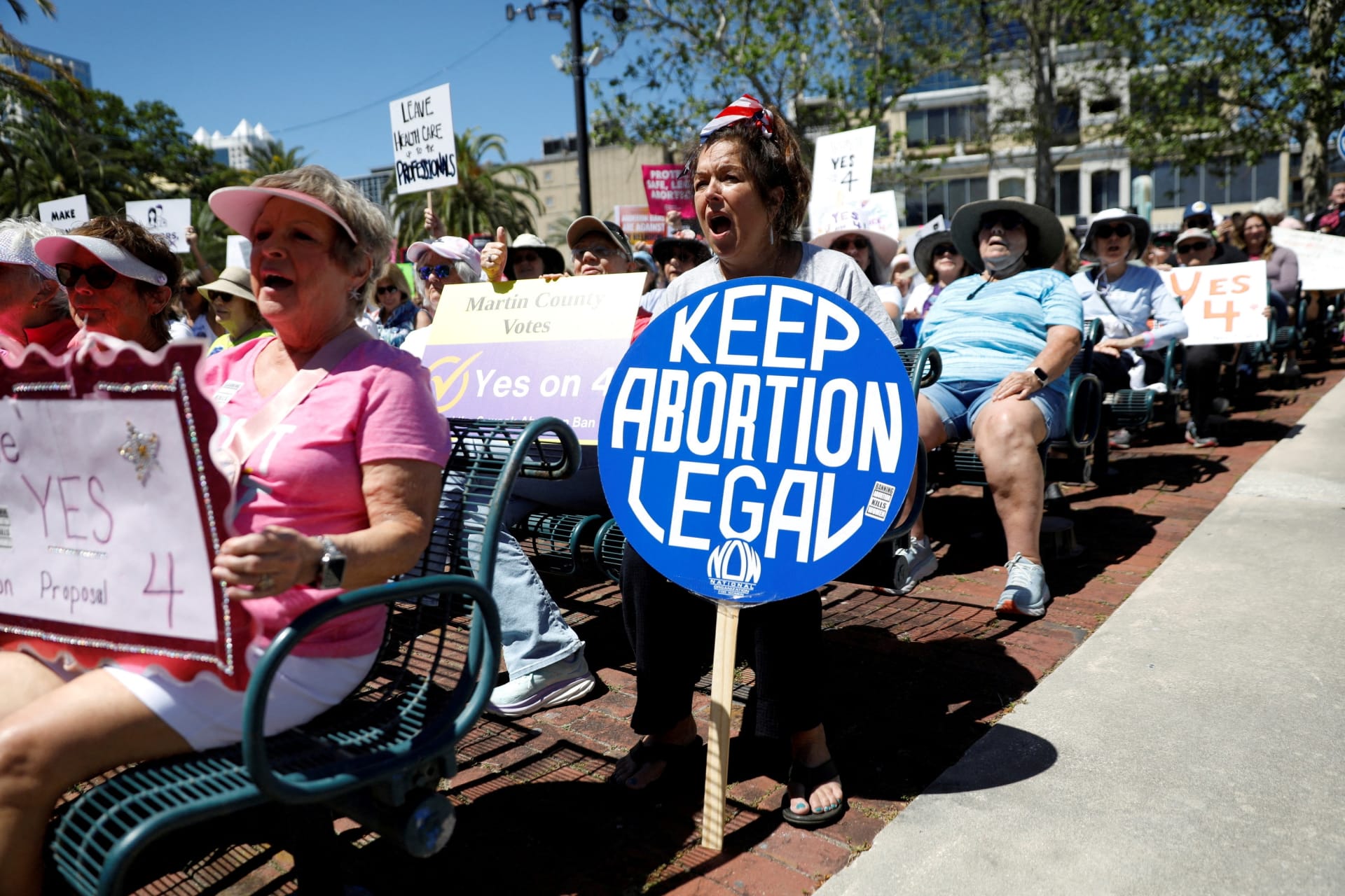 <p>Abortion rights advocates gather to launch their ‘Yes On 4’ campaign with a march and rally against the six-week abortion ban ahead of November 5, when Florida voters will decide on whether there should be a right to abortion in the state, in Orlando, Flo</p>
