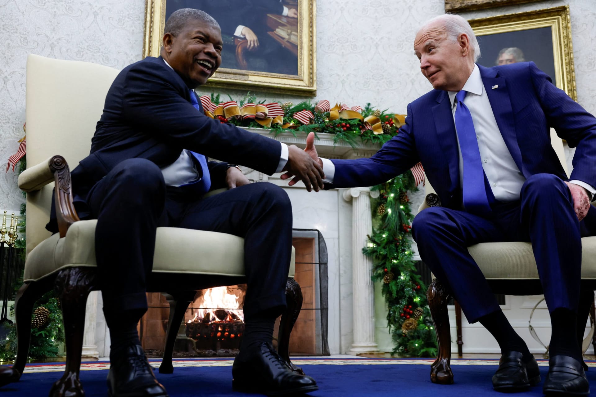 <p>President Joe Biden meets with Angola’s President Joao Lourenco in the Oval Office at the White House in Washington, DC, on November 30, 2023</p>
