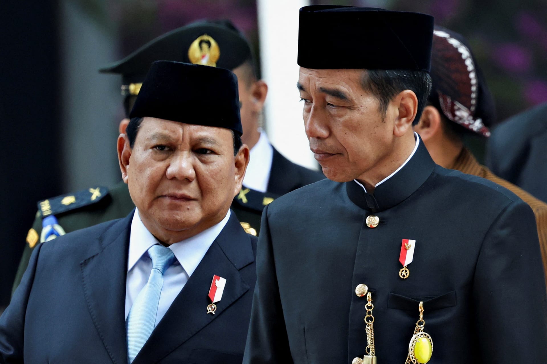 <p>Indonesian President-elect Prabowo Subianto walks with Indonesian President Joko Widodo as they leave the parliament building after the annual State of the Nation Address, ahead of the country’s Independence Day, in Jakarta, Indonesia, on August 16, 2024.</p>
