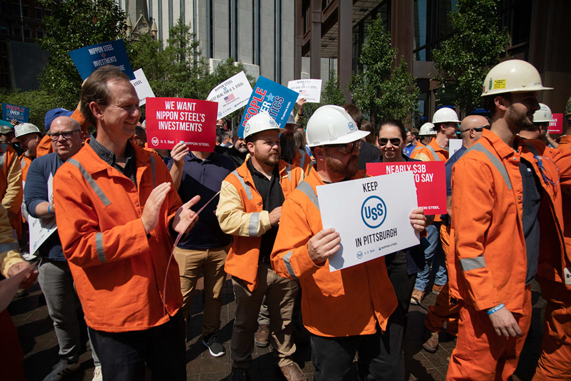 <p>US Steel Corporation workers rally outside the company’s headquarters in Pittsburgh, Pennsylvania, supporting the takeover by Japan’s Nippon Steel, on September 4, 2024. United States Steel warned Wednesday it could shut its Pittsburgh headquarters. </p>
