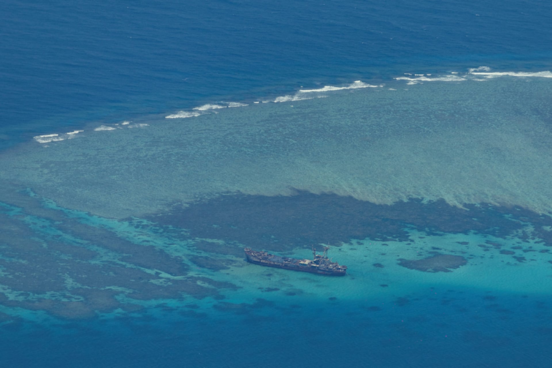 <p>An aerial view of Philippine navy vessel BRP Sierra Madre on the contested Second Thomas Shoal.</p>
