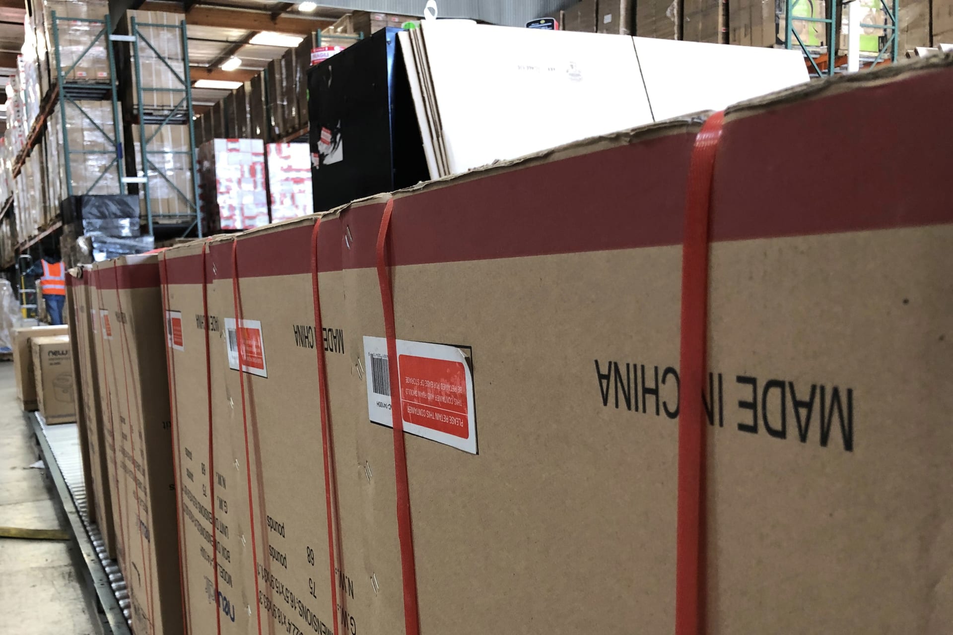 <p>Boxes marked ‘Made in China’ are lined up in NewAir’s warehouse in Cypress, CA.</p>
