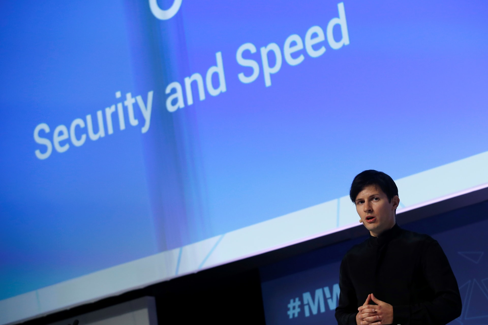 <p>Founder and CEO of Telegram Pavel Durov delivers a keynote speech during the Mobile World Congress in Barcelona, Spain on February 23, 2016.</p>
