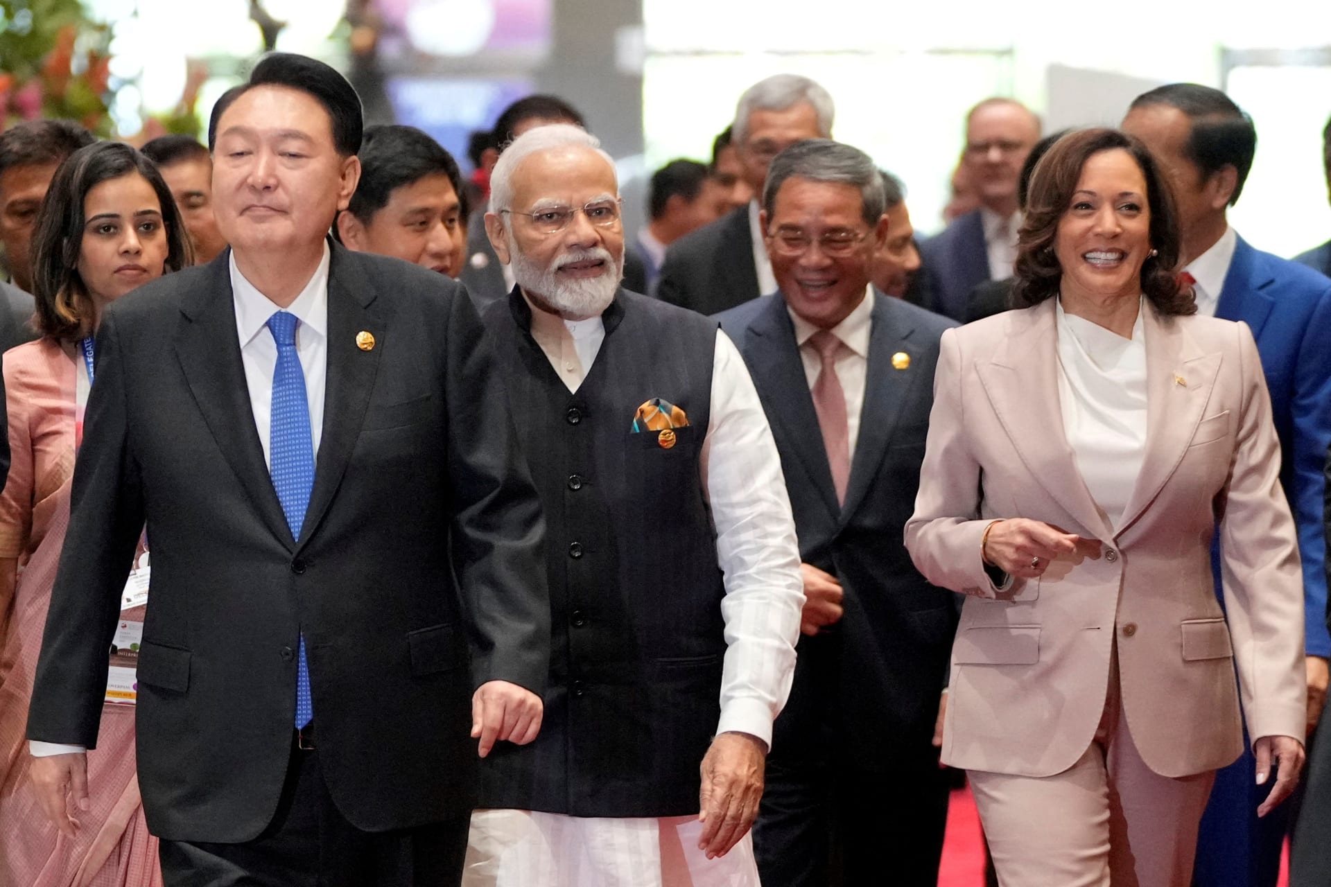 <p>South Korean President Yoon Suk Yeol, Indian Prime Minister Narendra Modi, China’s Premier Li Qiang and U.S. Vice President Kamala Harris walk to attend the East Asia Summit in Jakarta, Indonesia, on September 7, 2023.</p>
