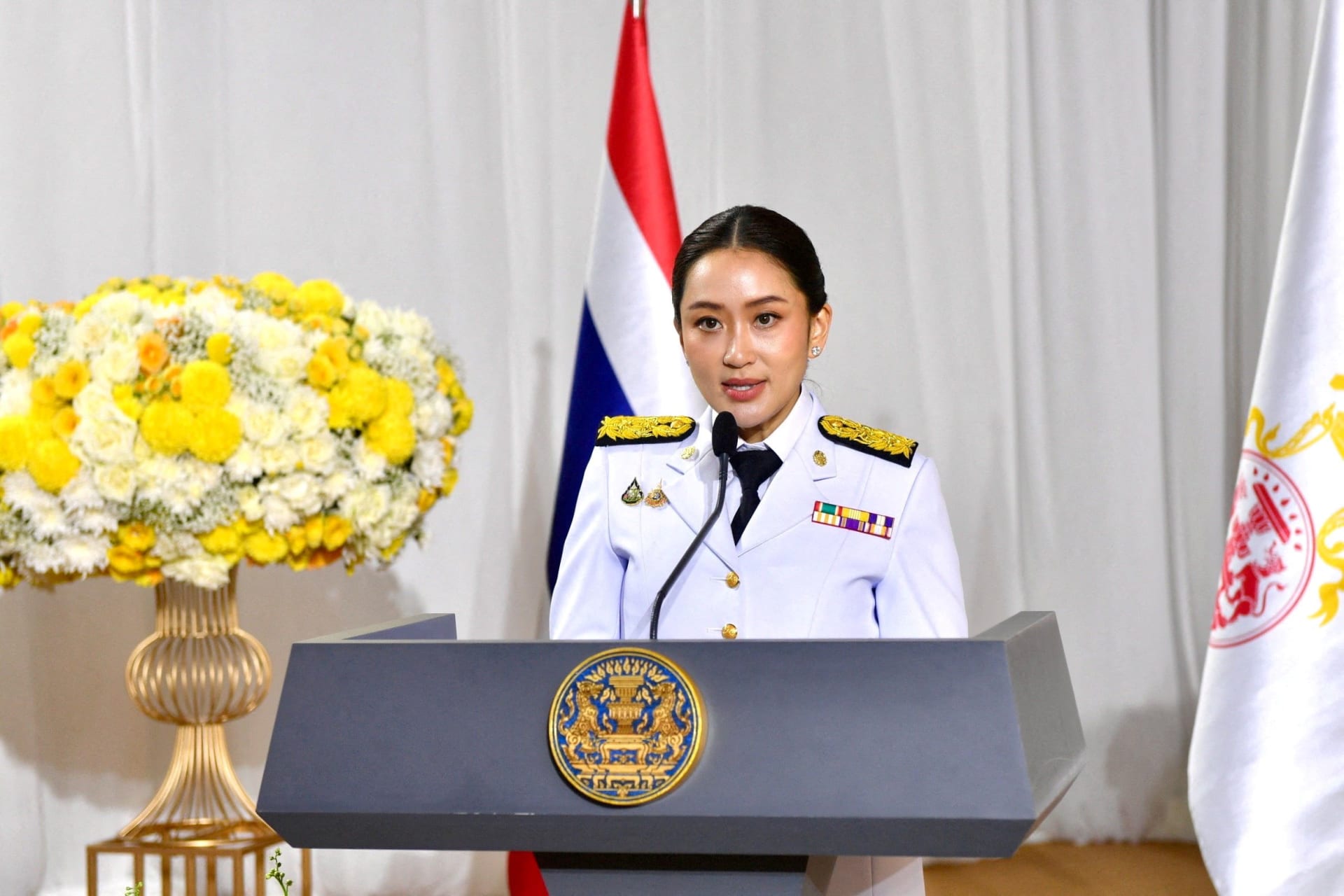 <p>Thailand’s Prime Minister Paetongtarn Shinawatra attends a press conference at the Pheu Thai party headquarters following a royal endorsement ceremony in Bangkok, Thailand, on August 18, 2024.</p>
