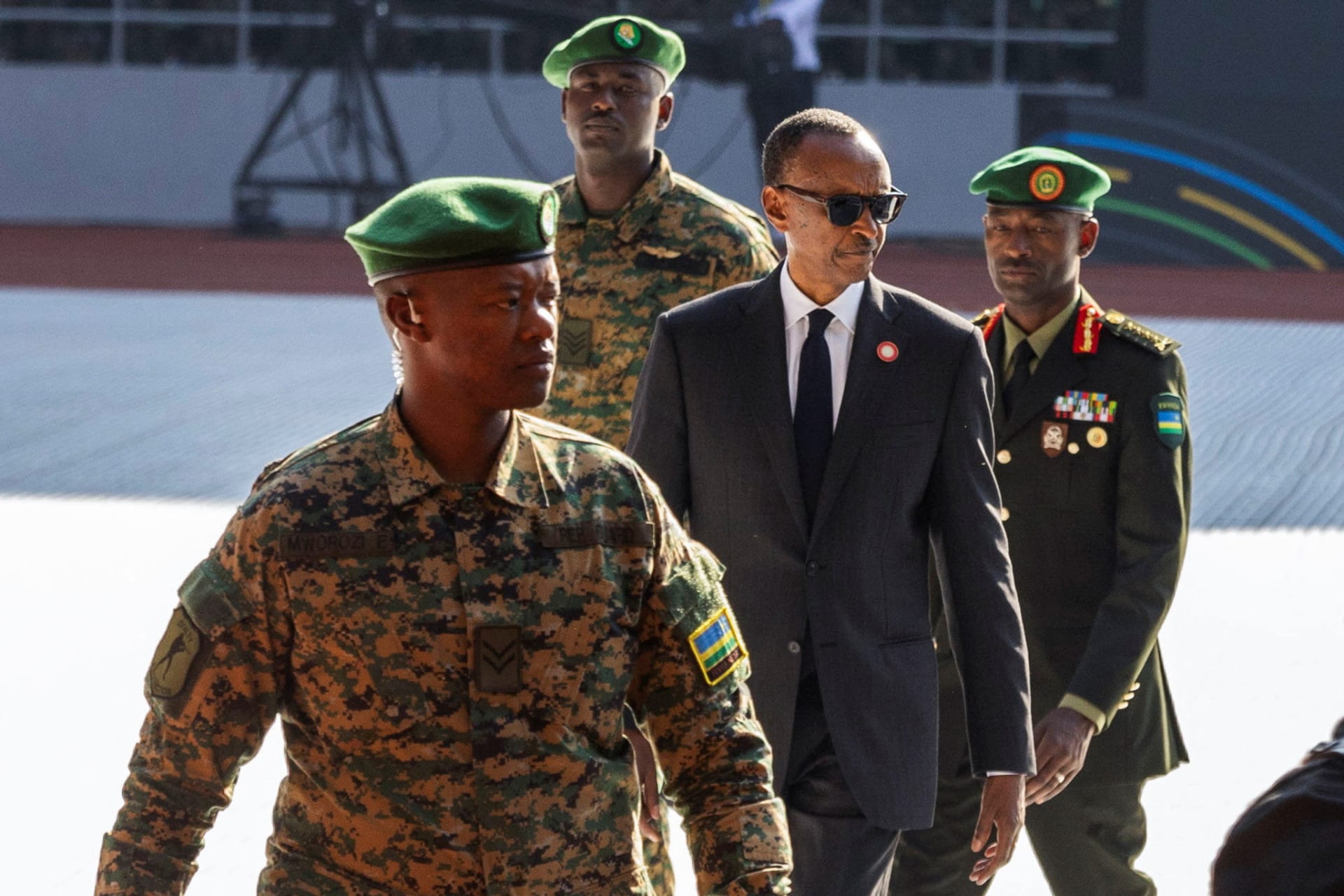 <p>Rwanda’s President Paul Kagame arrives for his swearing-in ceremony after a landslide win in last month’s election at the Amahoro Stadium, Gasabo District of Kigali, Rwanda on August 11, 2024.</p>
