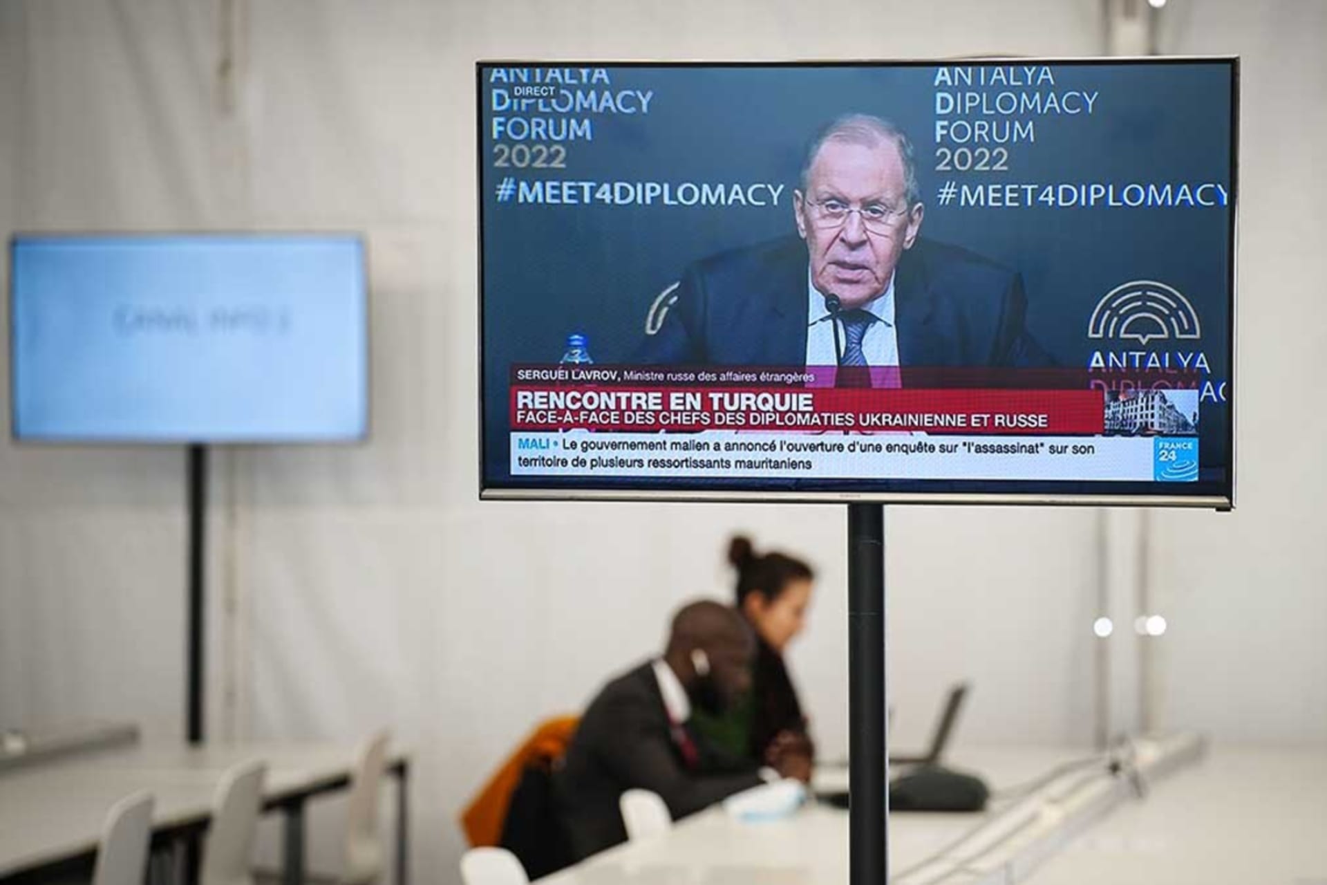 <p>At a March 2022 press conference, Russian Foreign Minister Sergei Lavrov accuses the United States of conducting research in Ukraine to develop biological weapons. </p>
