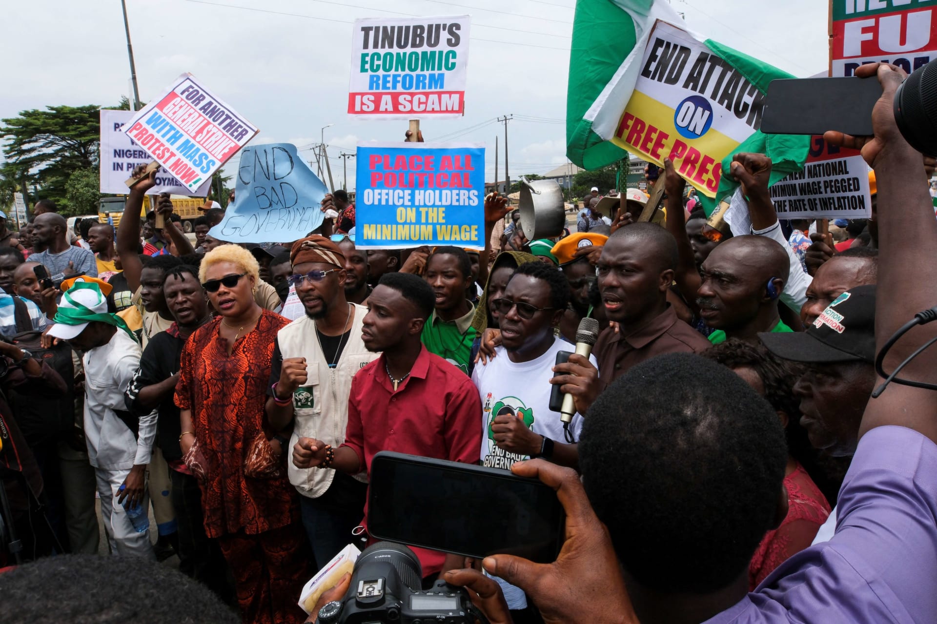 <p>Organizers address the press, as anti-government demonstrations against bad governance and economic hardship continue, in Lagos, Nigeria on August 5, 2024.</p>

