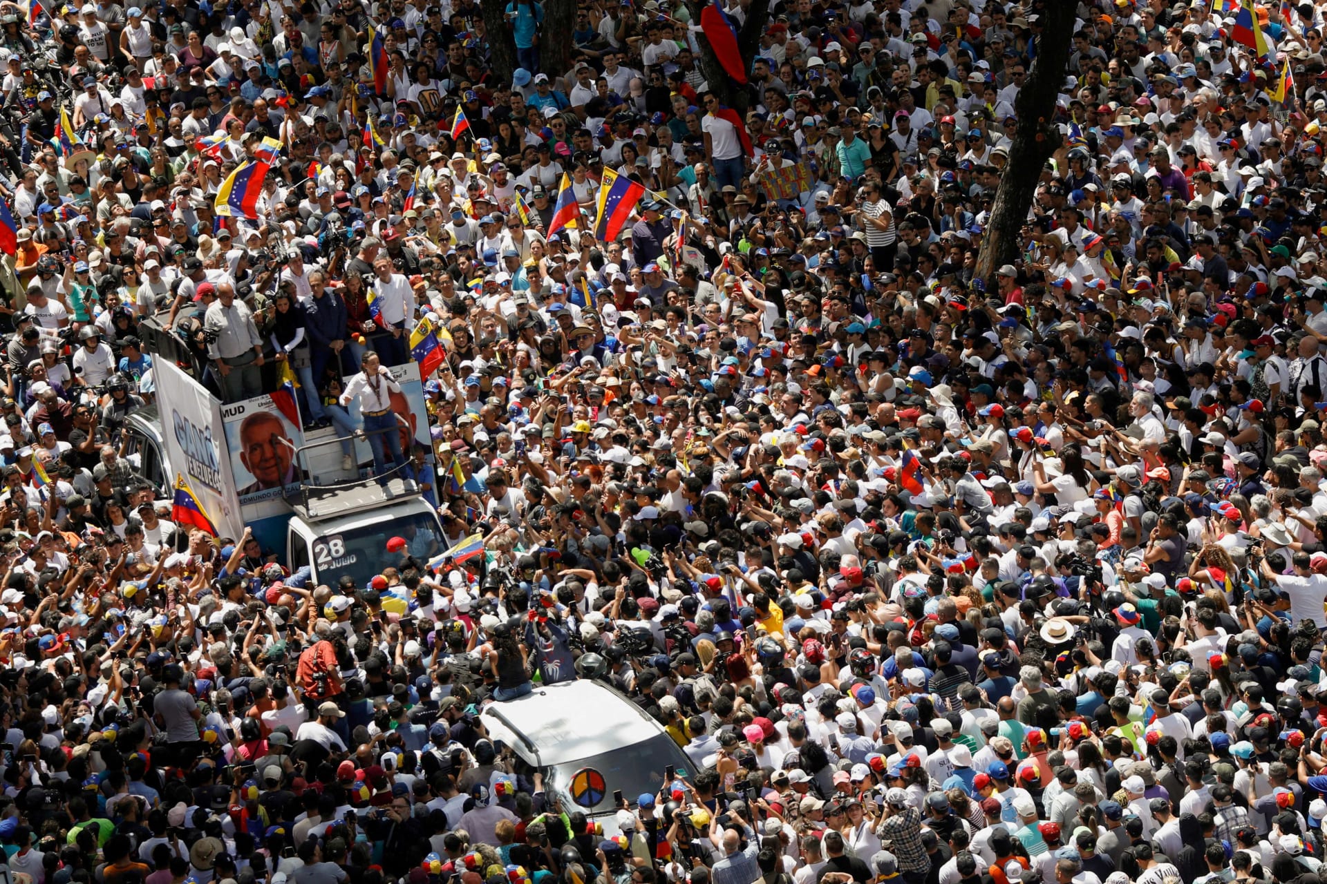 <p>Venezuelan opposition leader Maria Corina Machado addresses supporters during a march amid the disputed presidential election, in Caracas, Venezuela on August 3, 2024.</p>
