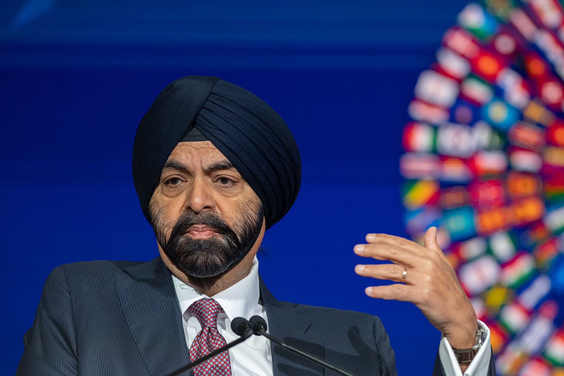 <p>President of World Bank Group (WBG) Ajay Banga speaks during a press conference on the third day of the annual meetings of the WBG and the International Monetary Fund (IMF) in Marrakech, Morocco on October 11, 2023.</p>
