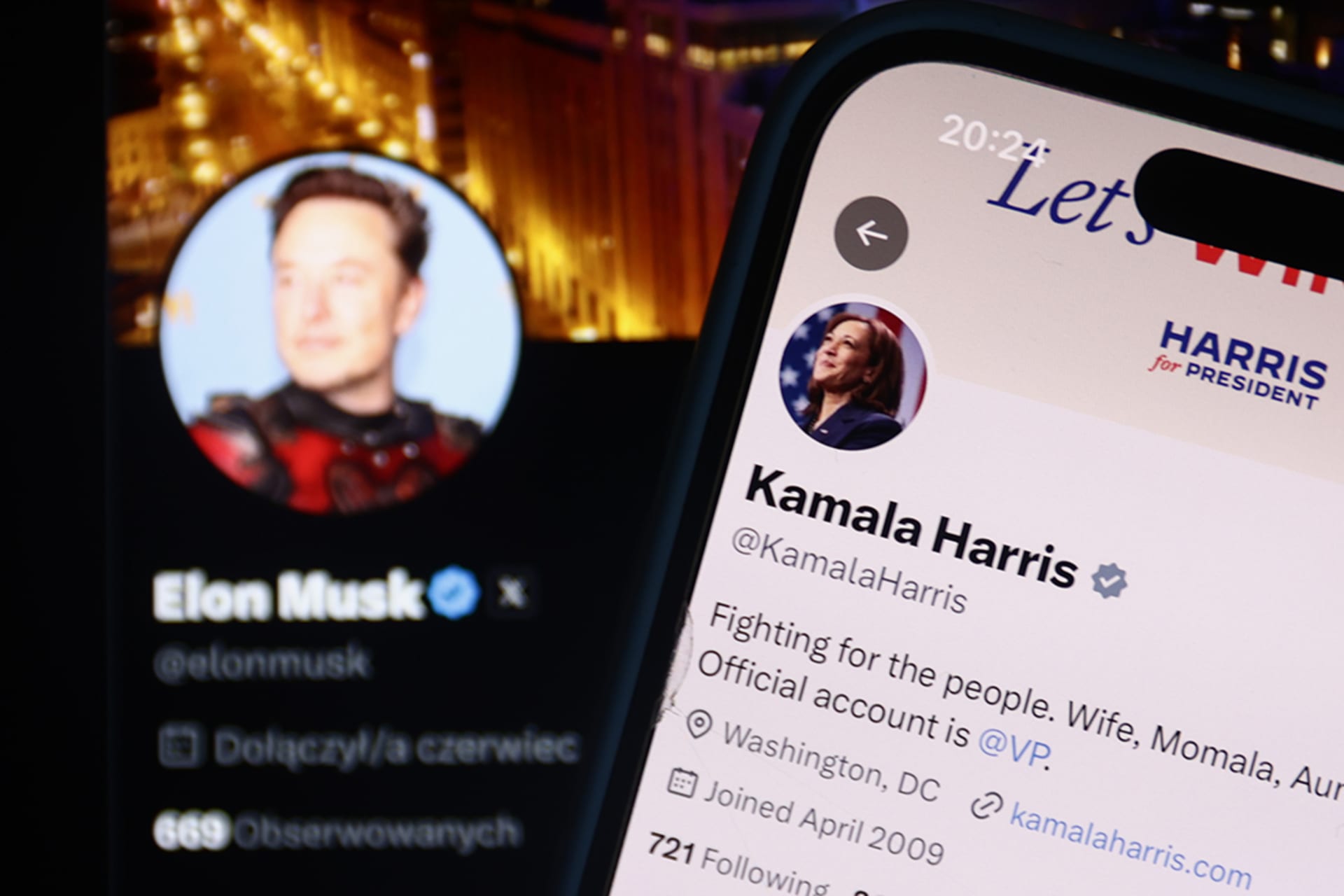 <p>Elon Musk’s account on X is displayed next to Kamala Harris’ account on X in this illustration photo taken in Poland, on July 24, 2024.</p>

