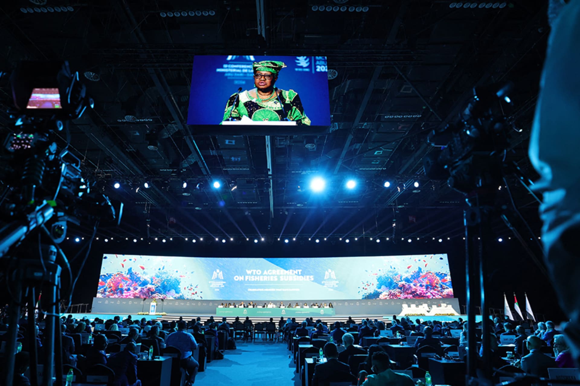 <p>Director-General of the World Trade Organization (WTO) Ngozi Okonjo-Iweala addresses delegates during a session on fisheries subsidies during the 13th WTO Ministerial Conference in Abu Dhabi.</p>
