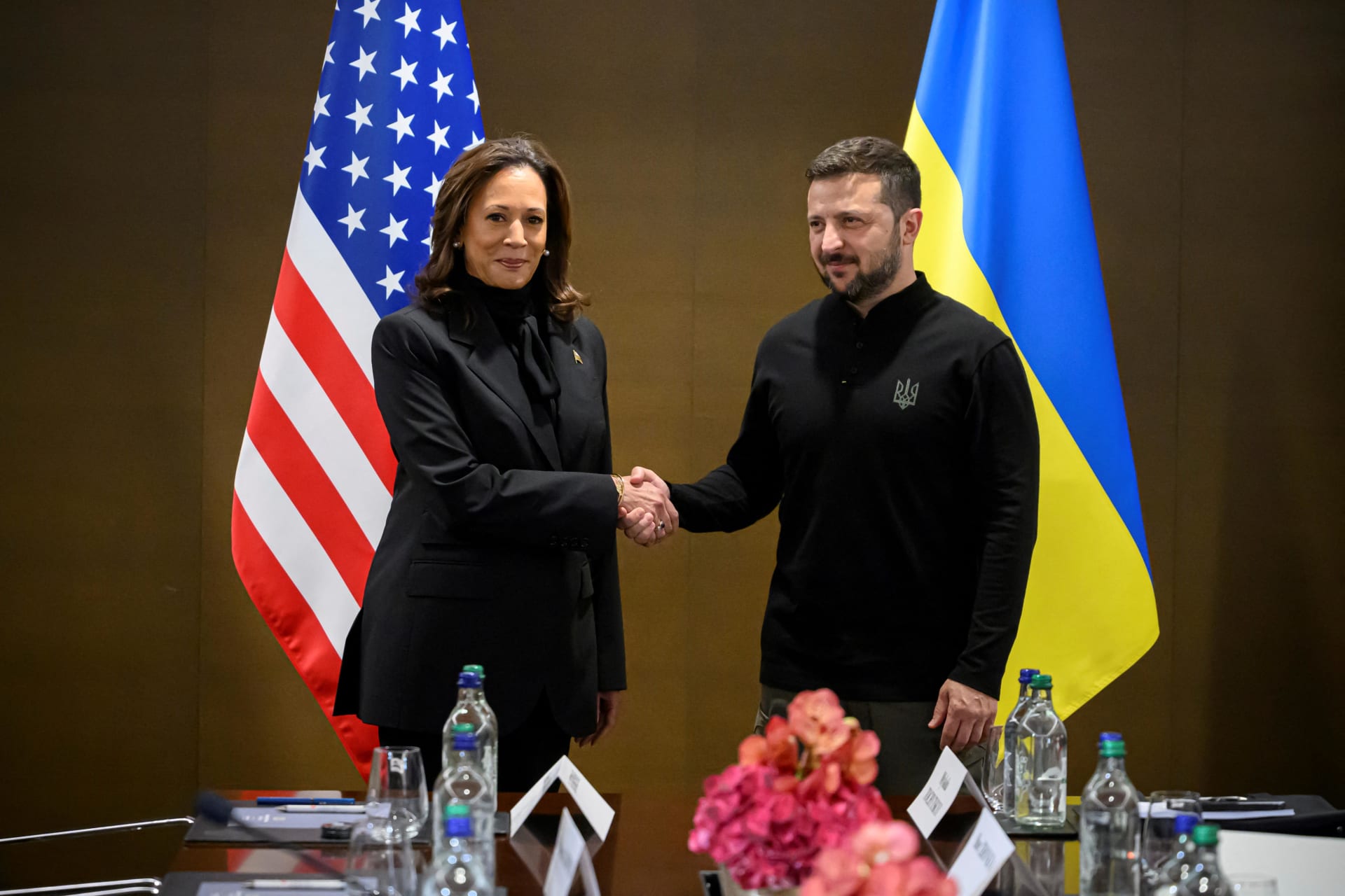 <p>Vice President Kamala Harris of the United States (left) shakes hands with President Volodymyr Zelenskyy of Ukraine (right) as they meet for a bilateral talk during the Summit on peace in Ukraine, in Stansstad near Lucerne, Switzerland, Saturday, June 15,</p>
