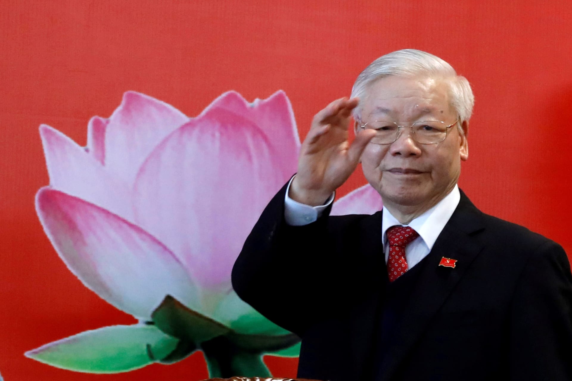 <p>Vietnam’s President Nguyen Phu Trong greets media after he is re-elected as the Communist Party’s General Secretary for a third term in Hanoi, Vietnam, on February 1, 2021. </p>

