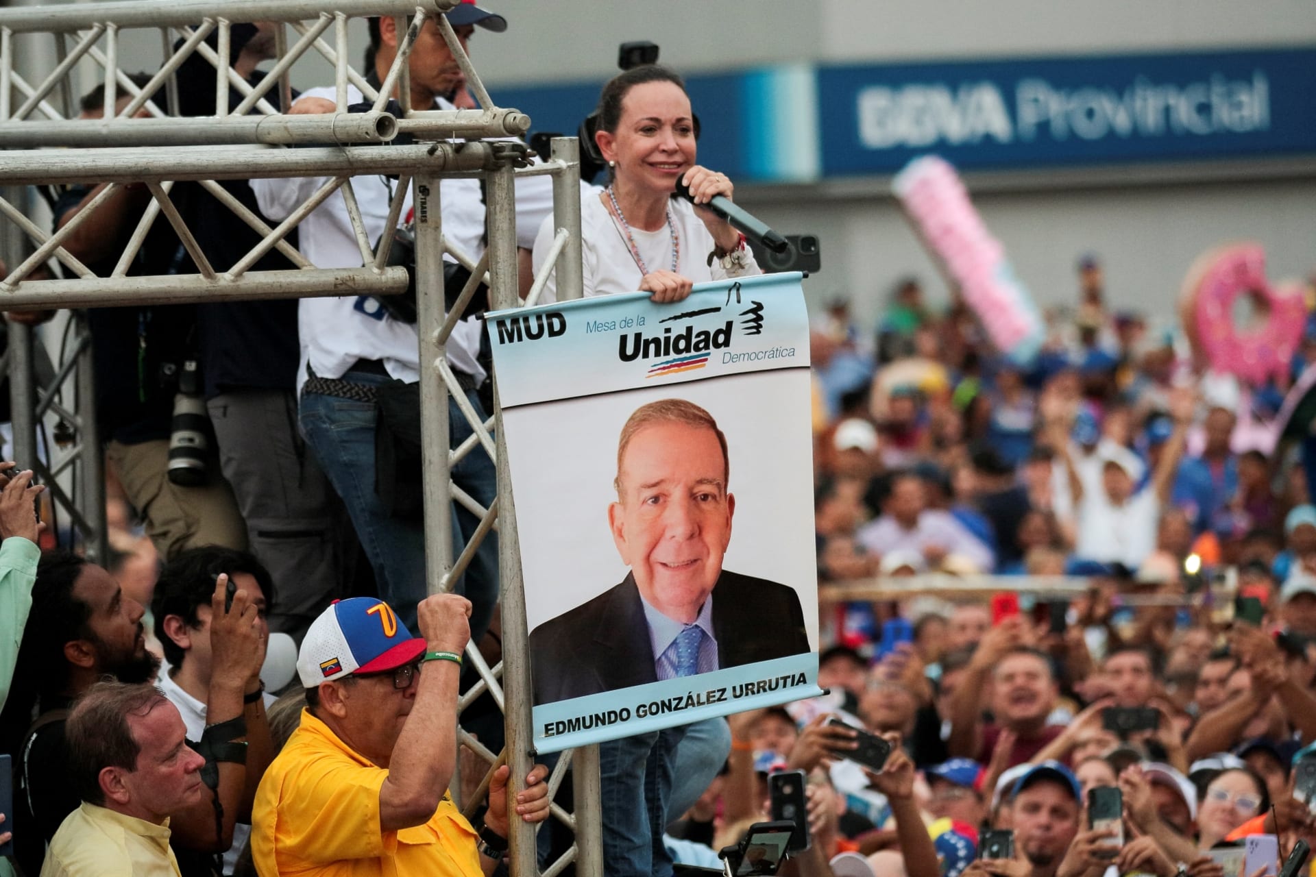 <p>Venezuelan opposition leader María Corina Machado speaks during a rally in Maracaibo, Venezuela.</p>
