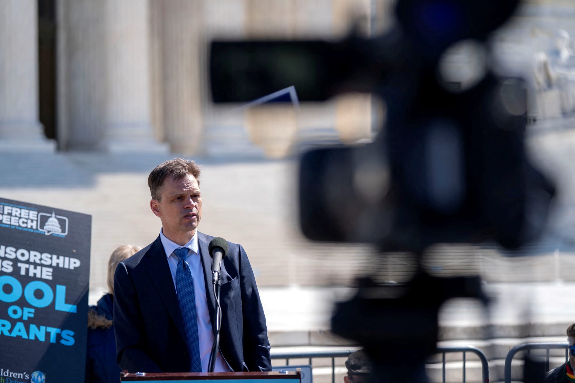 <p>Aaron Kheriaty, a plaintiff in “Murthy v. Missouri” speaks during a rally outside the U.S. Supreme Court after justices heard opening arguments in an appeal by President Joe Biden’s administration of restrictions in Washington, D.C. on March 18, 2024.</p>
