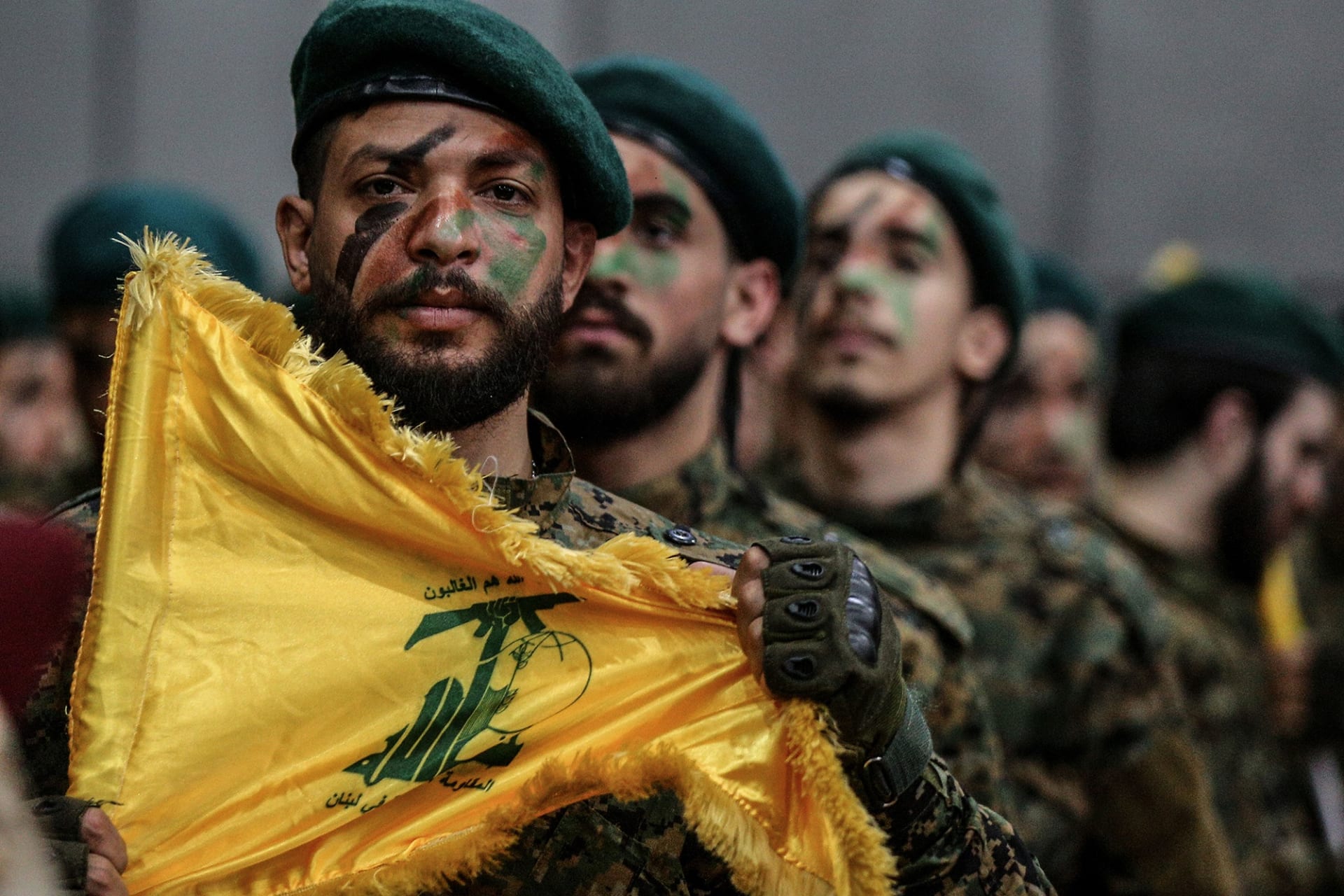 <p> Hezbollah militants parade through Beirut’s southern suburb.</p>
