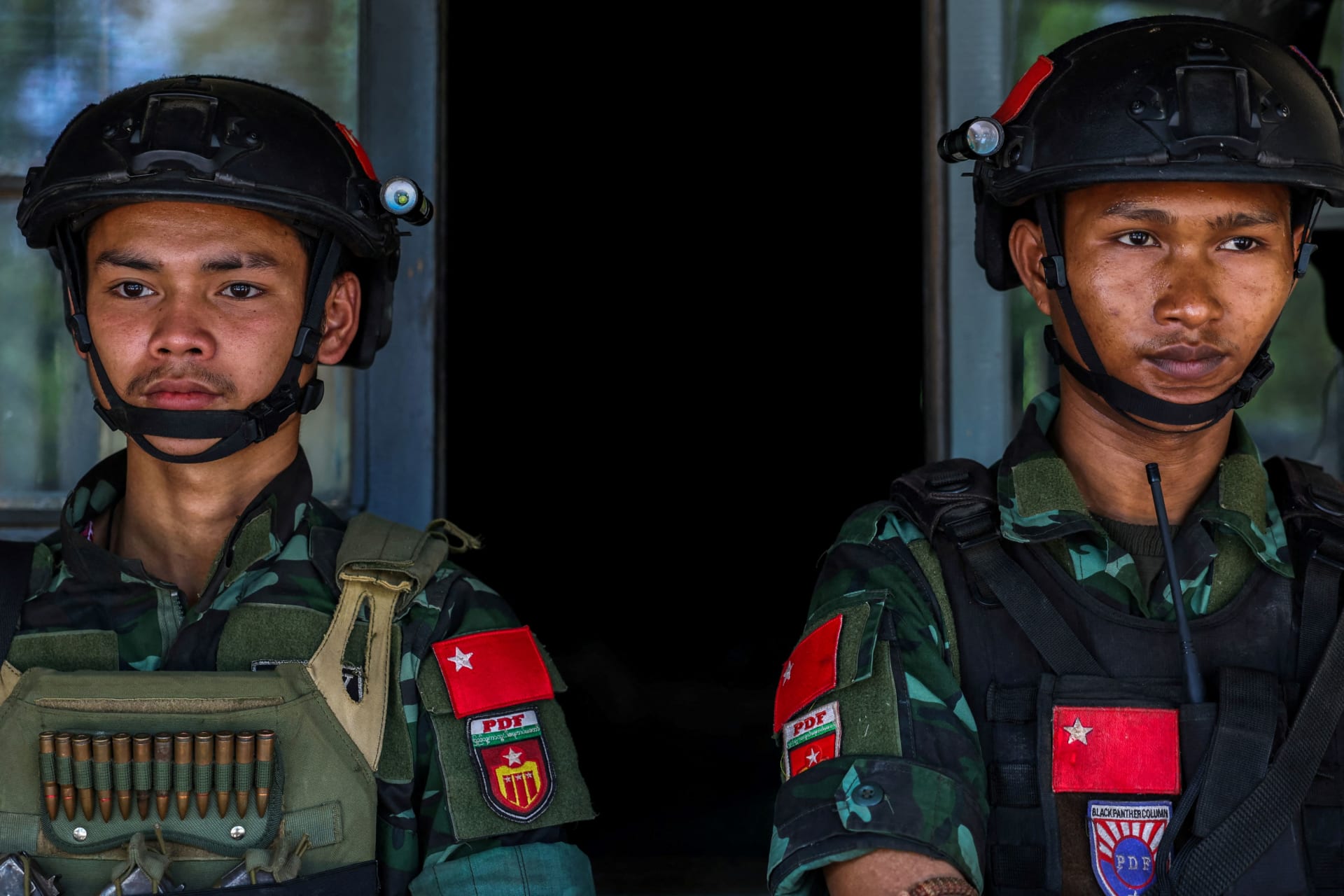 <p>Soldiers of the People’s Defence Forces (PDF) stand guard at Infantry Batallion 275 at Myawaddy, the Thailand-Myanmar border town under the control of a coalition of rebel forces led by the Karen National Union in Myanmar on April 15, 2024. </p>
