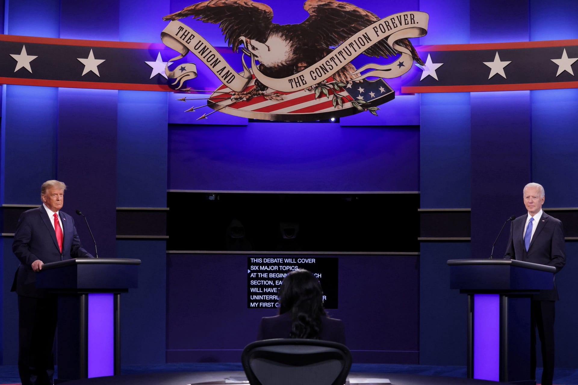 <p>Donald Trump and Joe Biden at the presidential debate held in Nashville, Tennessee, on October 22, 2020. </p>
