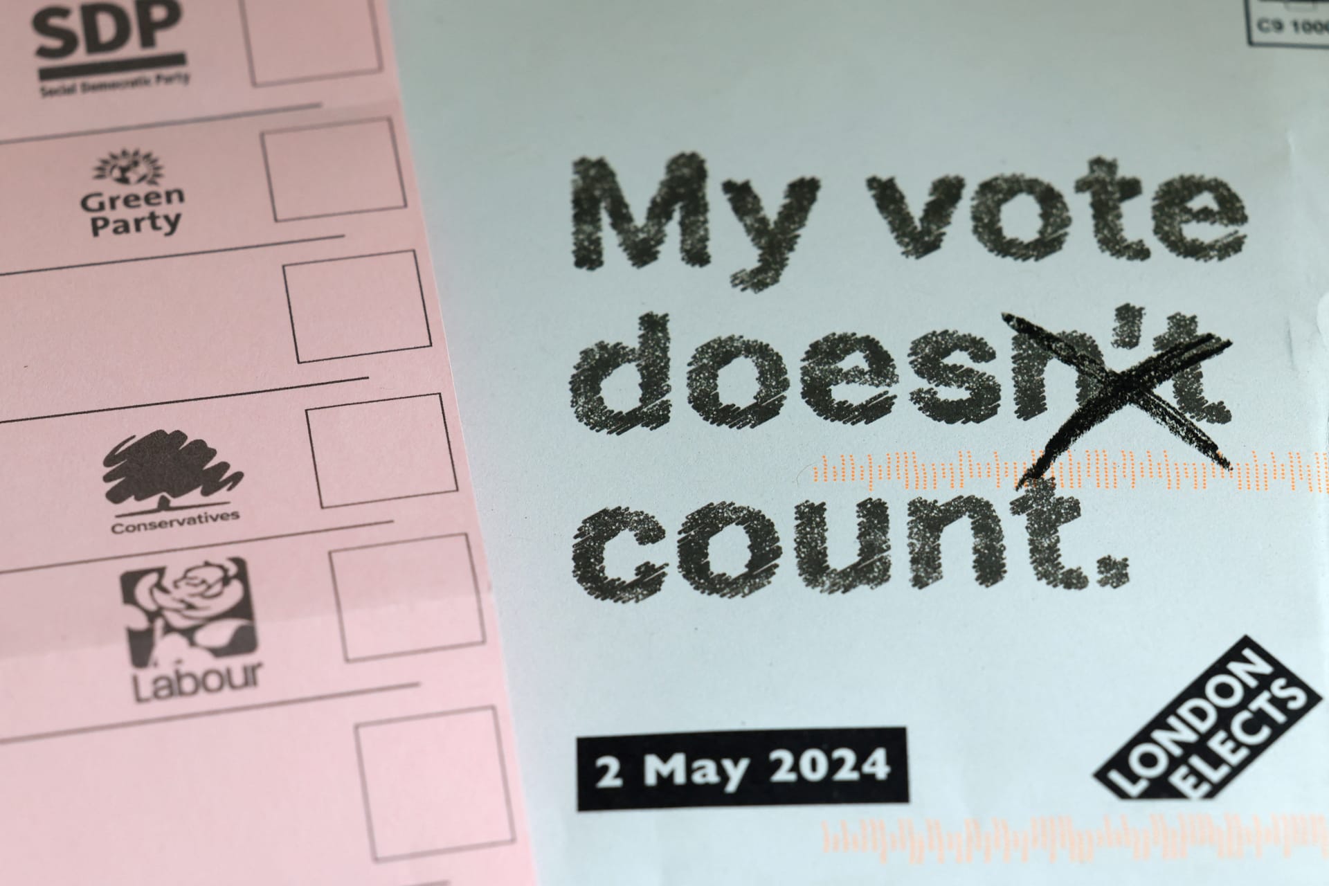 <p>Details of a ballot paper for Mayor of London and a local elections information letter are shown in this photo illustration taken on April 26, 2024.</p>
