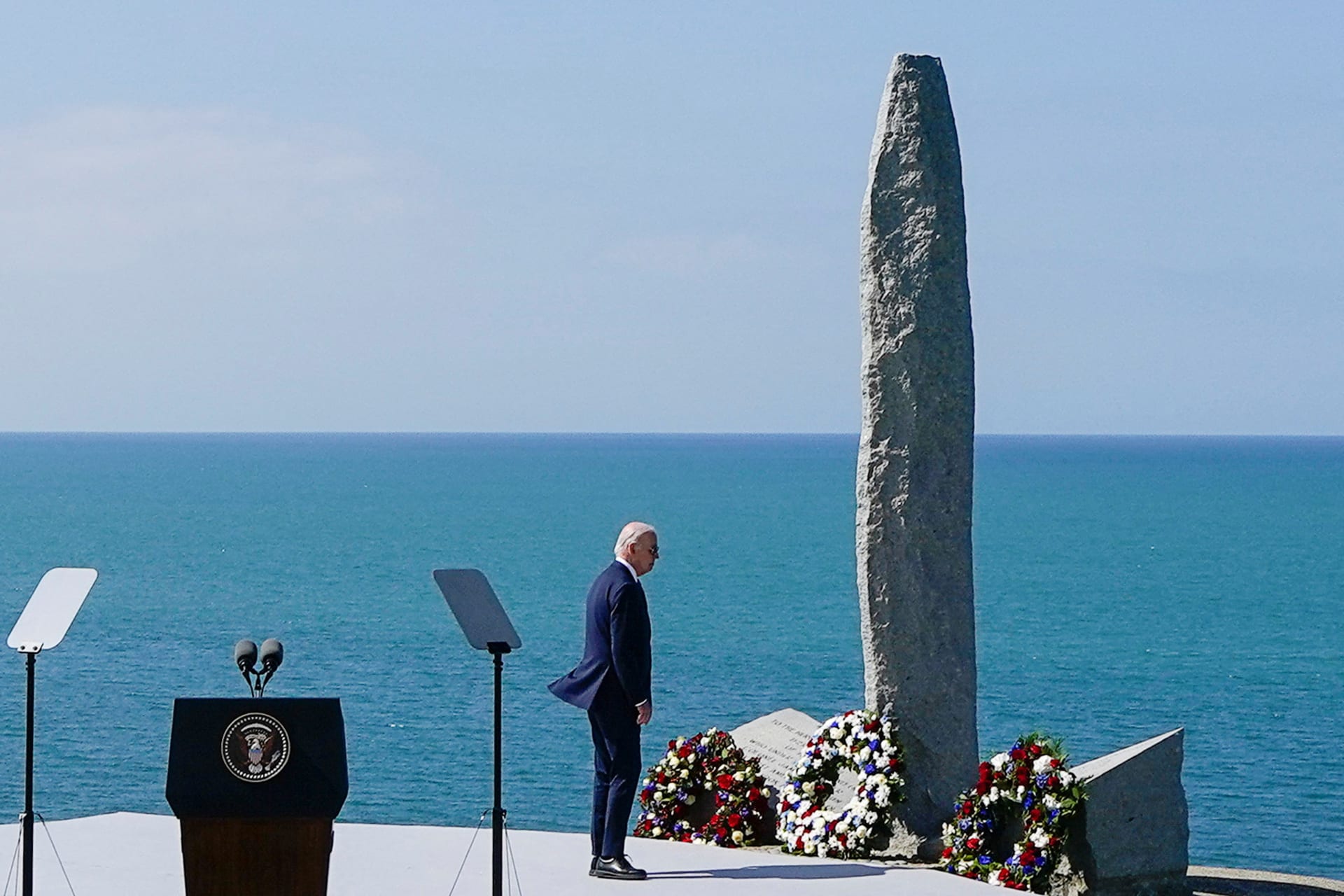 <p>U.S. President Joe Biden visits the Pointe du Hoc Ranger Monument in Cricqueville-en-Bessin, Normandy, France, on June 6, 2024. </p>
