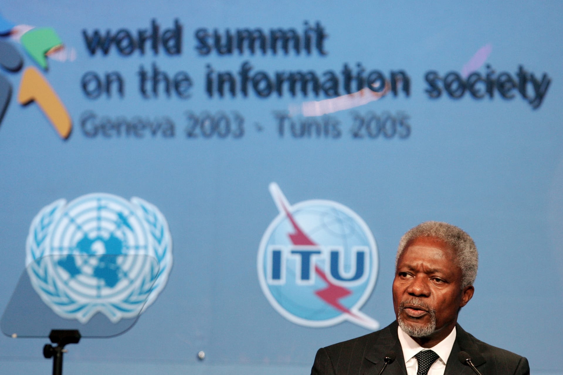 <p>U.N. Secretary General Kofi Annan speaks at the inaugural session of the second U.N.’s World Summit on the Information Society (WSIS) in Tunis on November 16, 2005</p>
