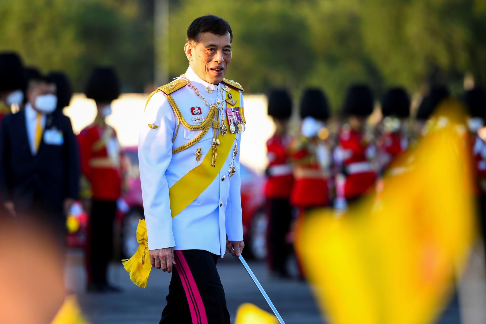 <p>Thailand’s King Maha Vajiralongkorn attends a groundbreaking ceremony for a monument of late King Bhumibol Adulyadej at a park in Bangkok, Thailand, on December 5, 2021.</p>
