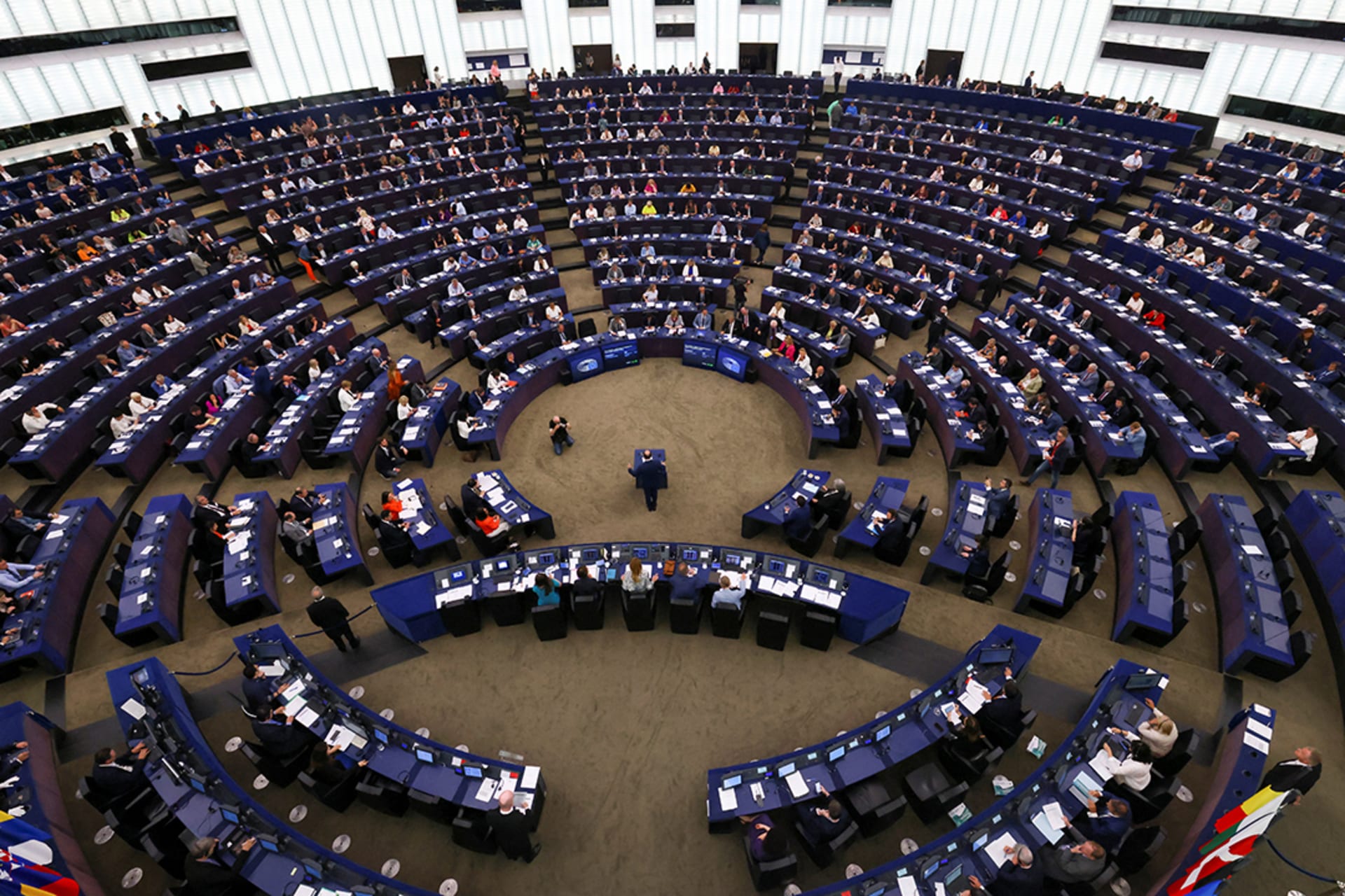 <p>Members of the EU Parliament sit during a plenary session in Strasbourg, France.</p>
