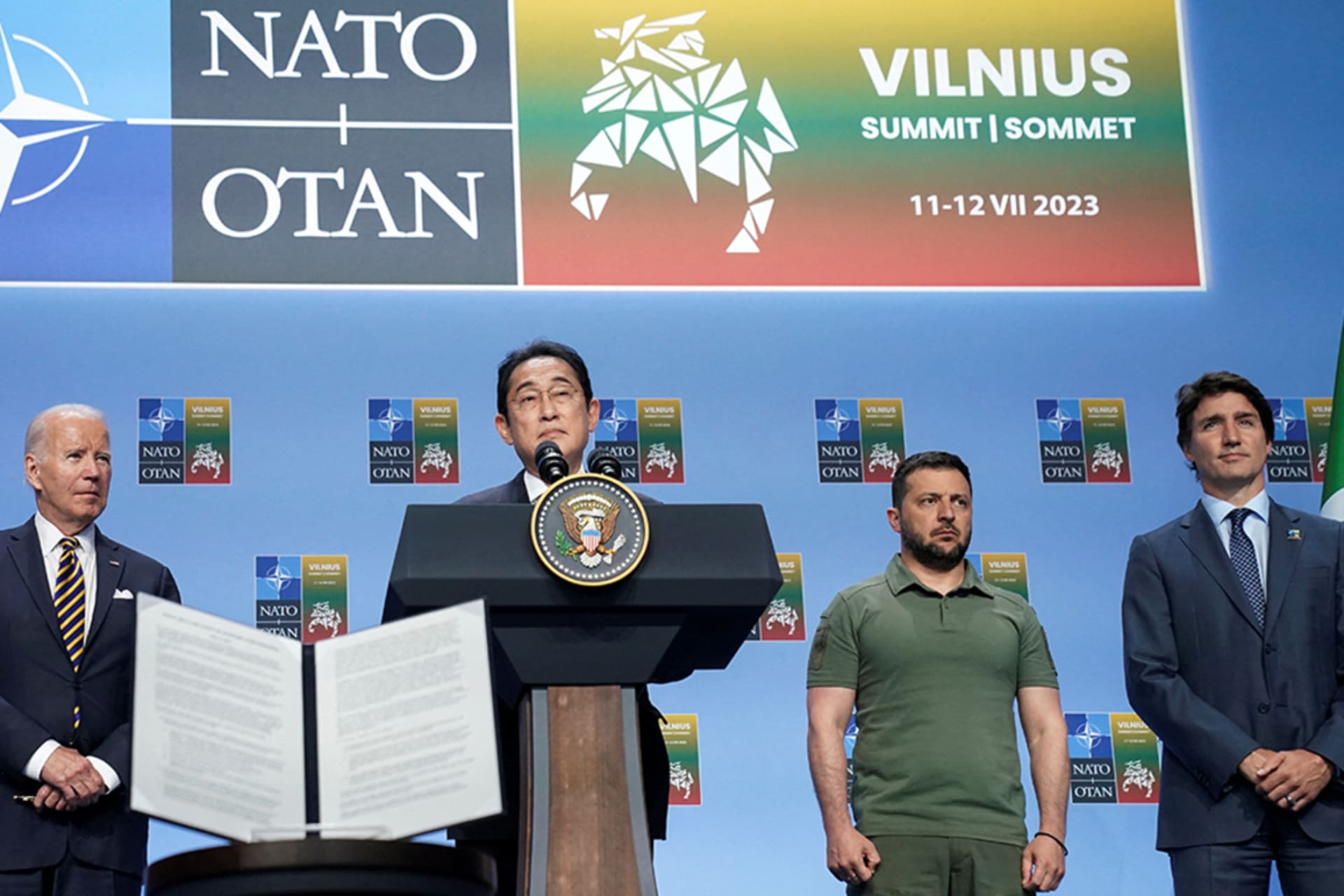 <p>Japan’s Prime Minister Fumio Kishida speaks at the NATO summit in Vilnius, Lithuania.</p>
