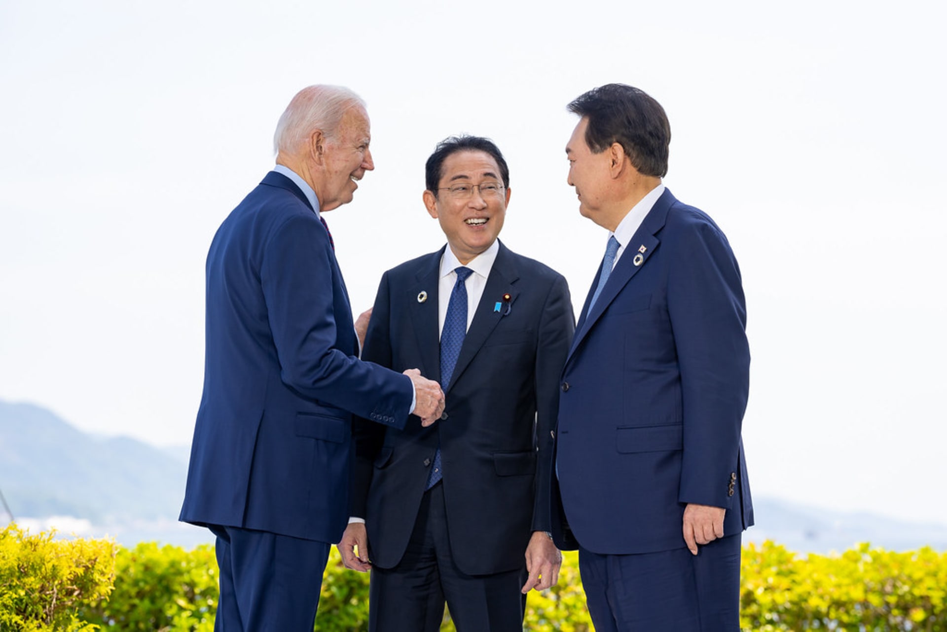<p>President Joe Biden, Prime Minister Fumio Kishida, and President Yoon Suk-yeol (left to right) at the May 2023 G7 Summit in Hiroshima, Japan. </p>
