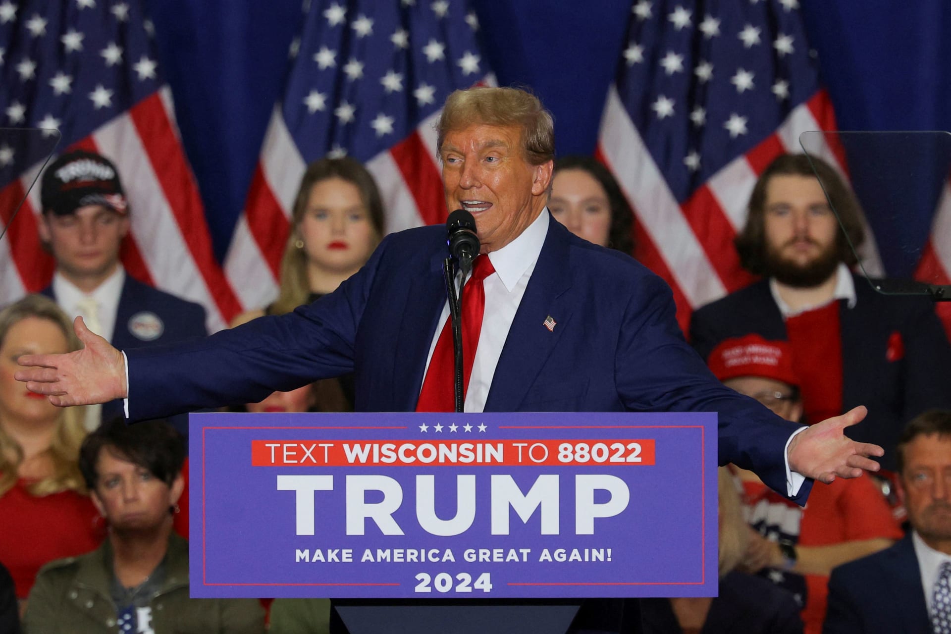<p>Republican presidential candidate and former U.S. President Donald Trump speaks during a campaign rally in Green Bay, Wisconsin,on April 2, 2024.</p>
