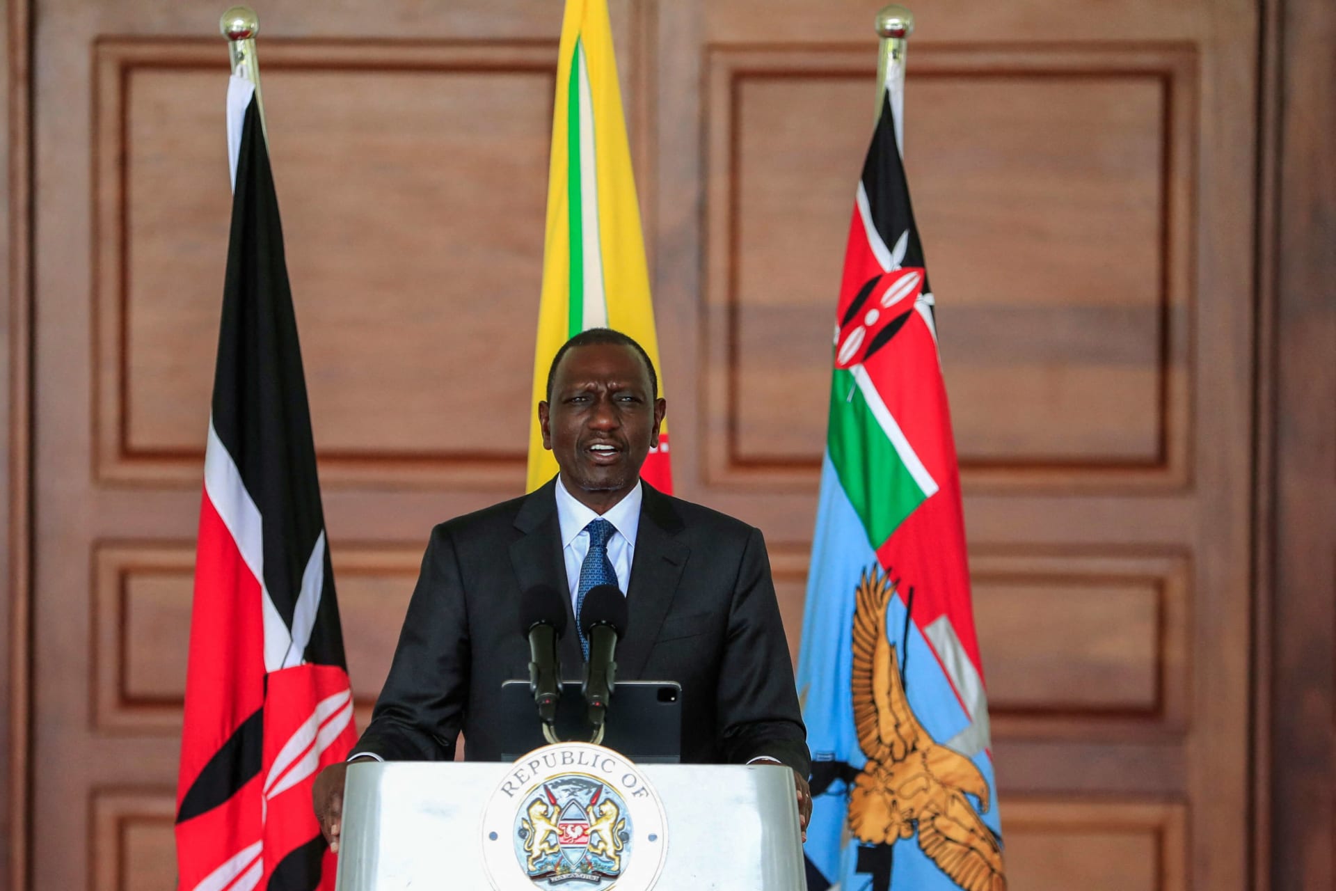 <p>Kenya’s President William Ruto addresses the nation following heavy rains and subsequent flooding in the country, at the State House in Nairobi, Kenya on May 3, 2024. </p>
