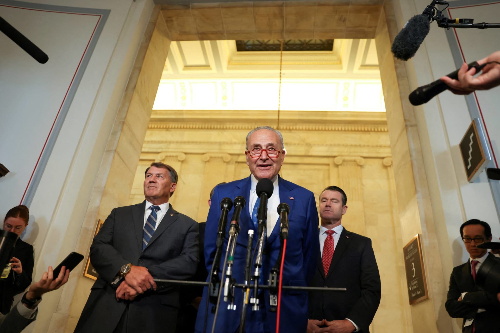 <p>U.S. Senate Majority Leader Chuck Schumer (D-NY) addresses a press conference during a break in a bipartisan Artificial Intelligence (AI) Insight Forum for all U.S. senators at the U.S. Capitol on September 13, 2023.</p>
