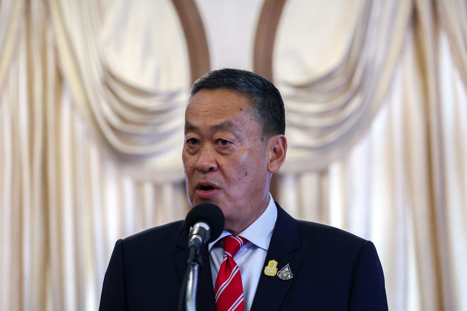 <p>Thailand’s Prime Minister Srettha Thavisin speaks to members of the media about Thai Foreign Minister Parnpree Bahiddha-Nukara’s resignation at the Government House in Bangkok, Thailand, on April 29, 2024.</p>
