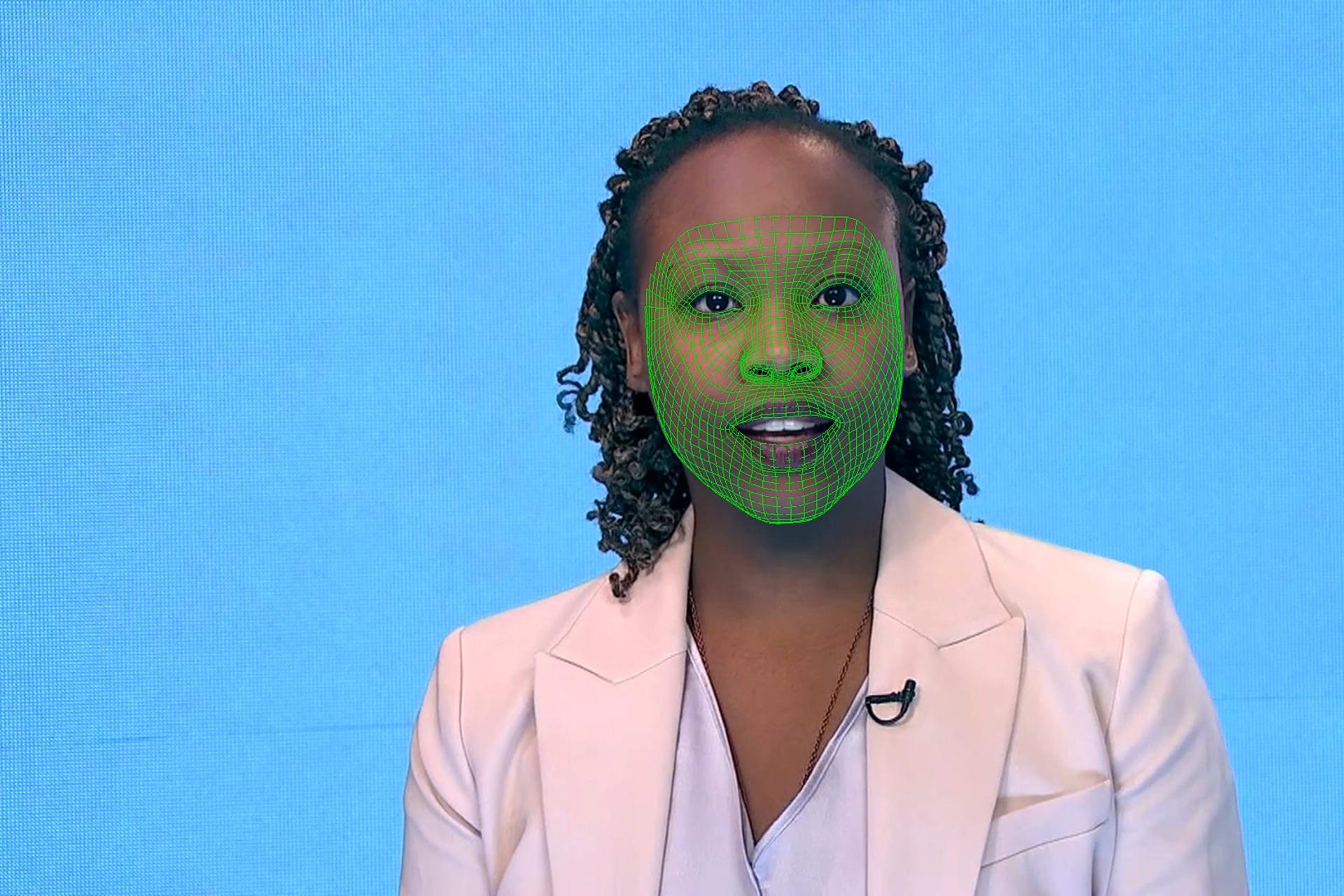 <p>A green wireframe model covers an actor’s lower face during the creation of a synthetic facial reanimation video, known alternatively as a deepfake, in London, Britain February 12, 2019.</p>
