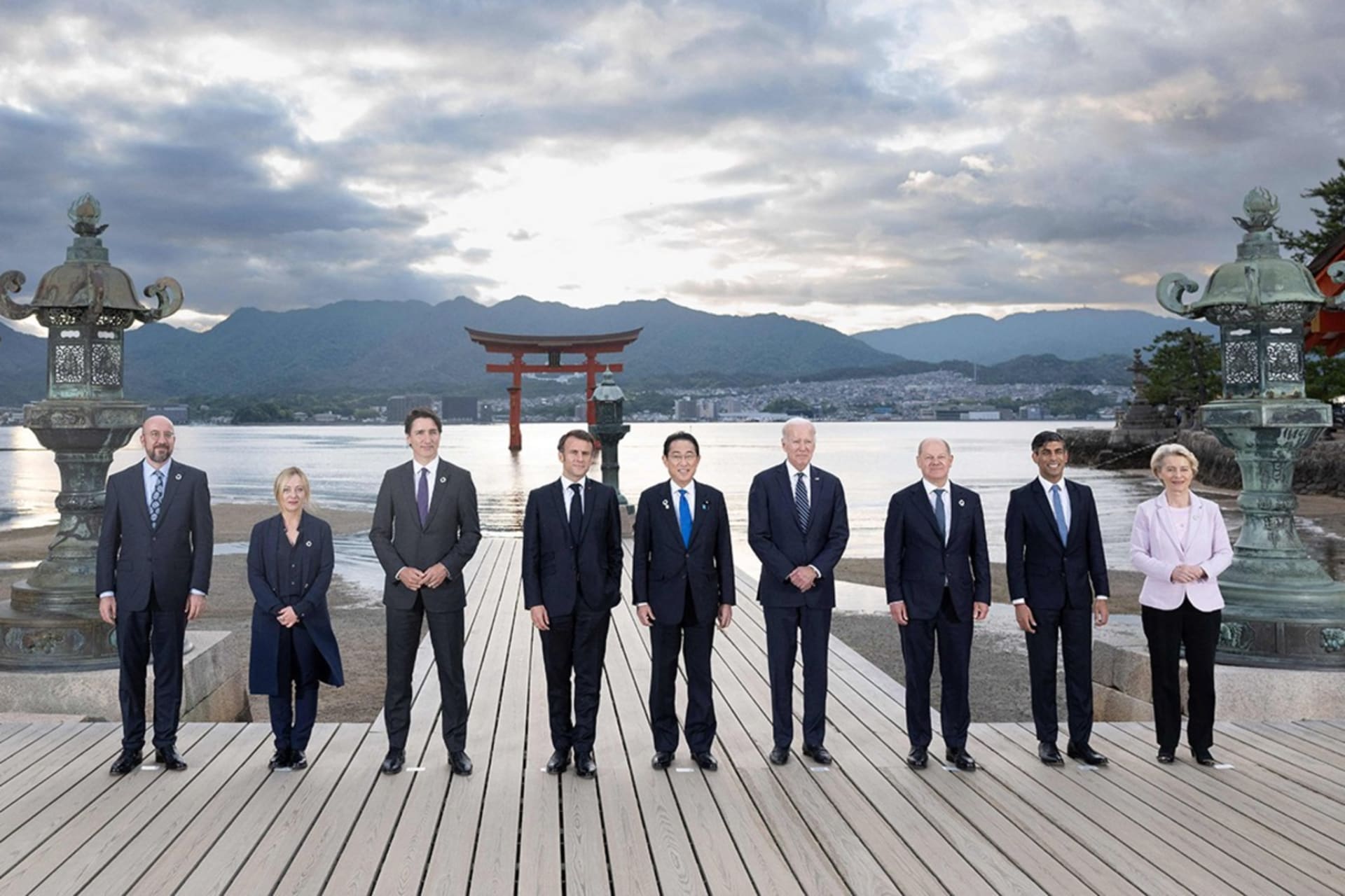 <p>European Council President Charles Michel, Italy’s Primer Minister Giorgia Meloni, Canada’s Prime Minister Justin Trudeau, France’s President Emmanuel Macron, Japan’s Prime Minister Fumio Kishida, US President Joe Biden, German Chancellor Olaf Scholz.</p>
