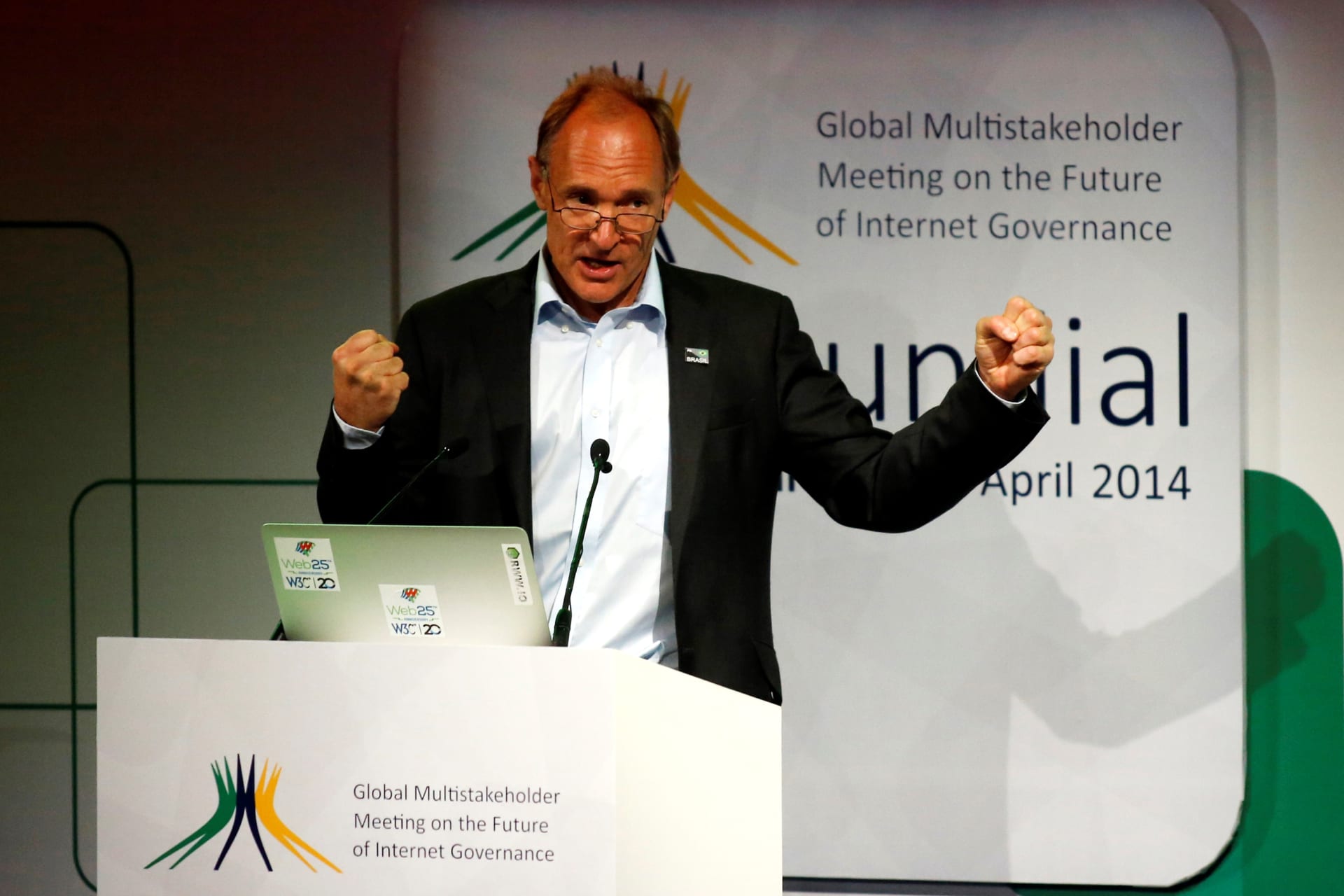 <p>Britain’s computer scientist Tim Berners-Lee attends the NETmundial: Global Multistakeholder Meeting on the Future of Internet Governance opening ceremony in Sao Paulo April 23, 2014.</p>
