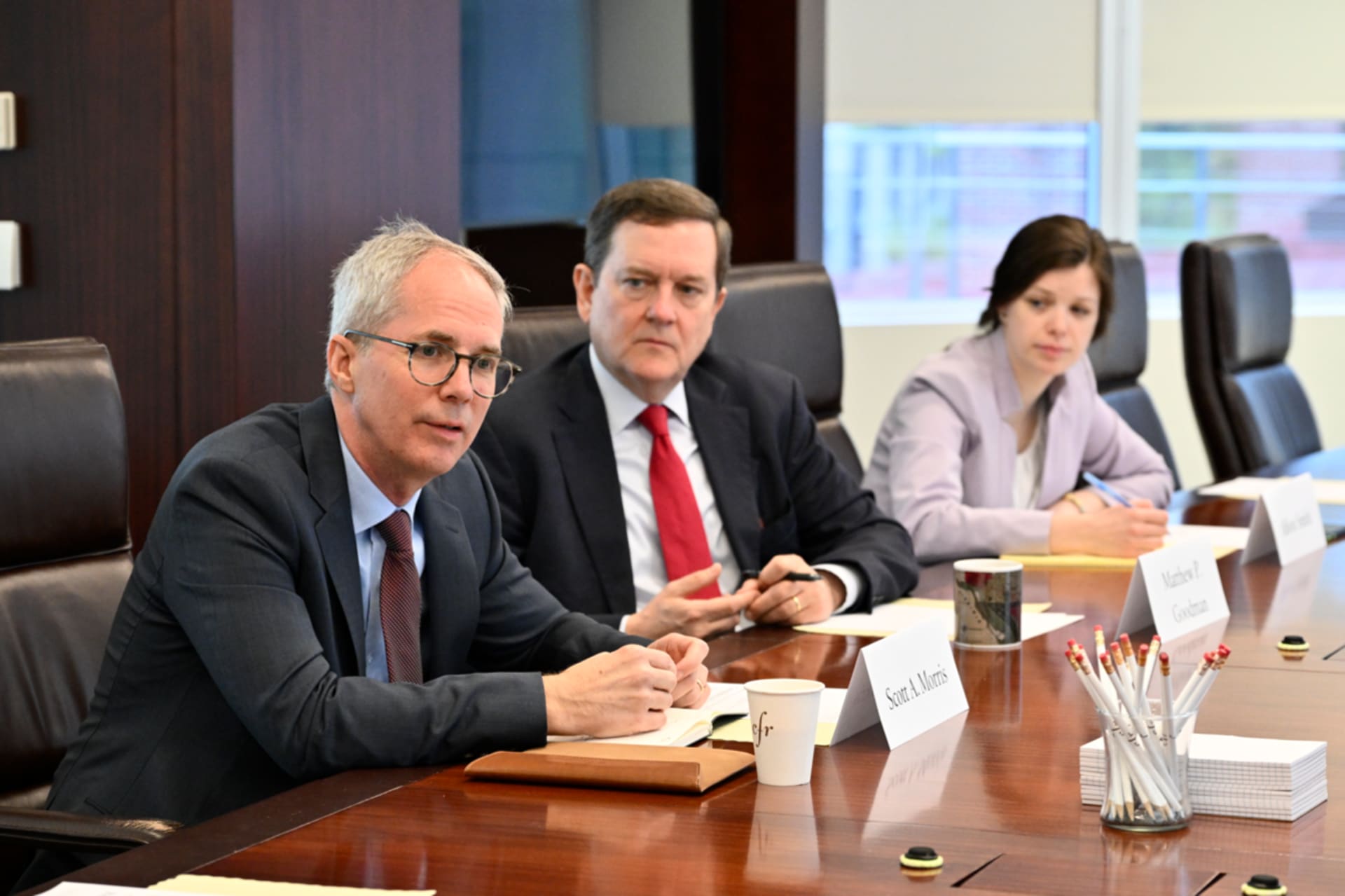 <p>Matthew P. Goodman, Allison Smith, and Scott Morris at the roundtable event.</p>