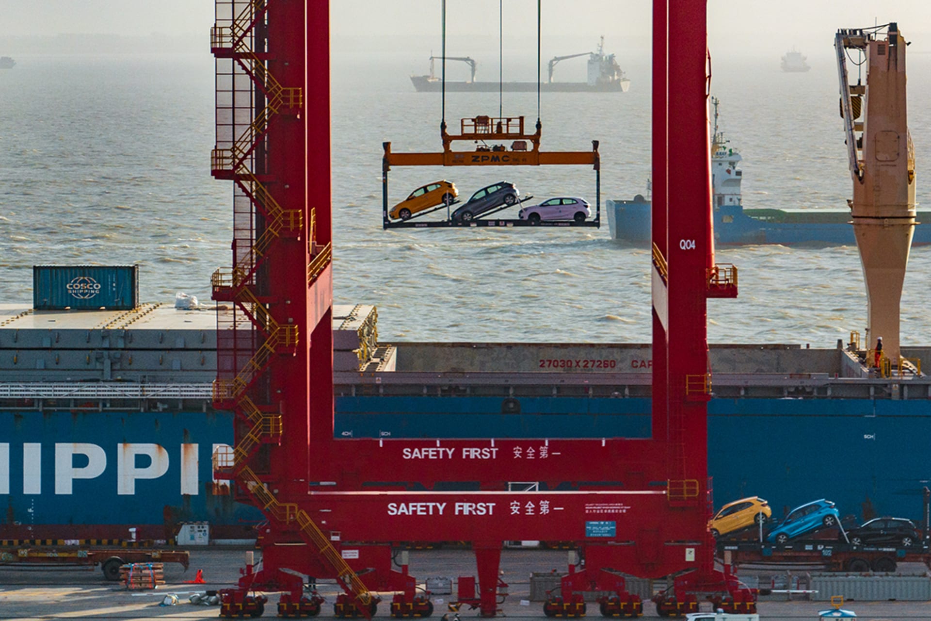 <p>Electric vehicles are loaded onto a container ship in Jiangsu province, China, for export on April 19, 2024.</p>
