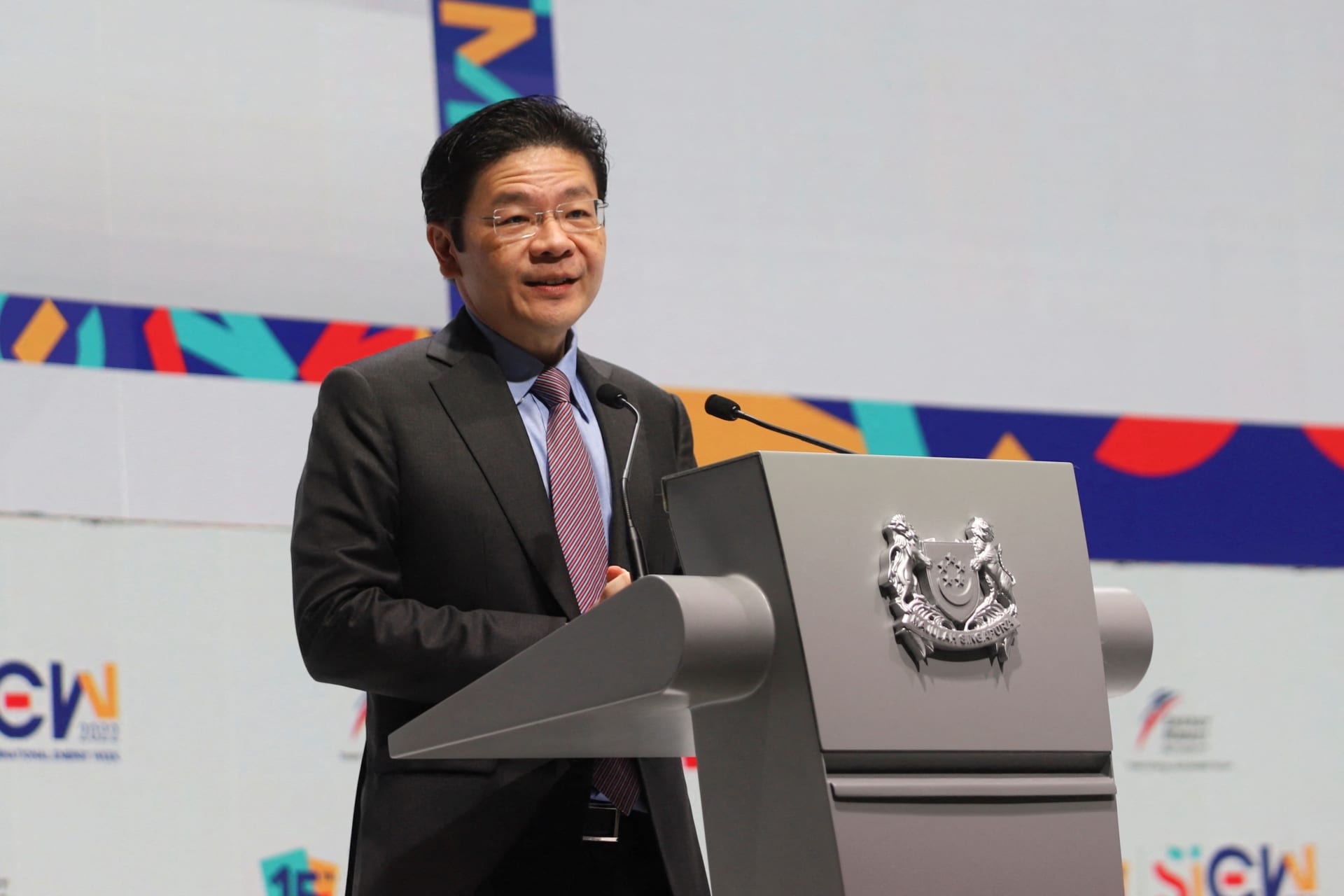 <p>Singapore’s Deputy Prime Minister and Minister for Finance Lawrence Wong delivers the Singapore Energy Lecture during the fifteenth Singapore International Energy Week on October 25, 2022.</p>
