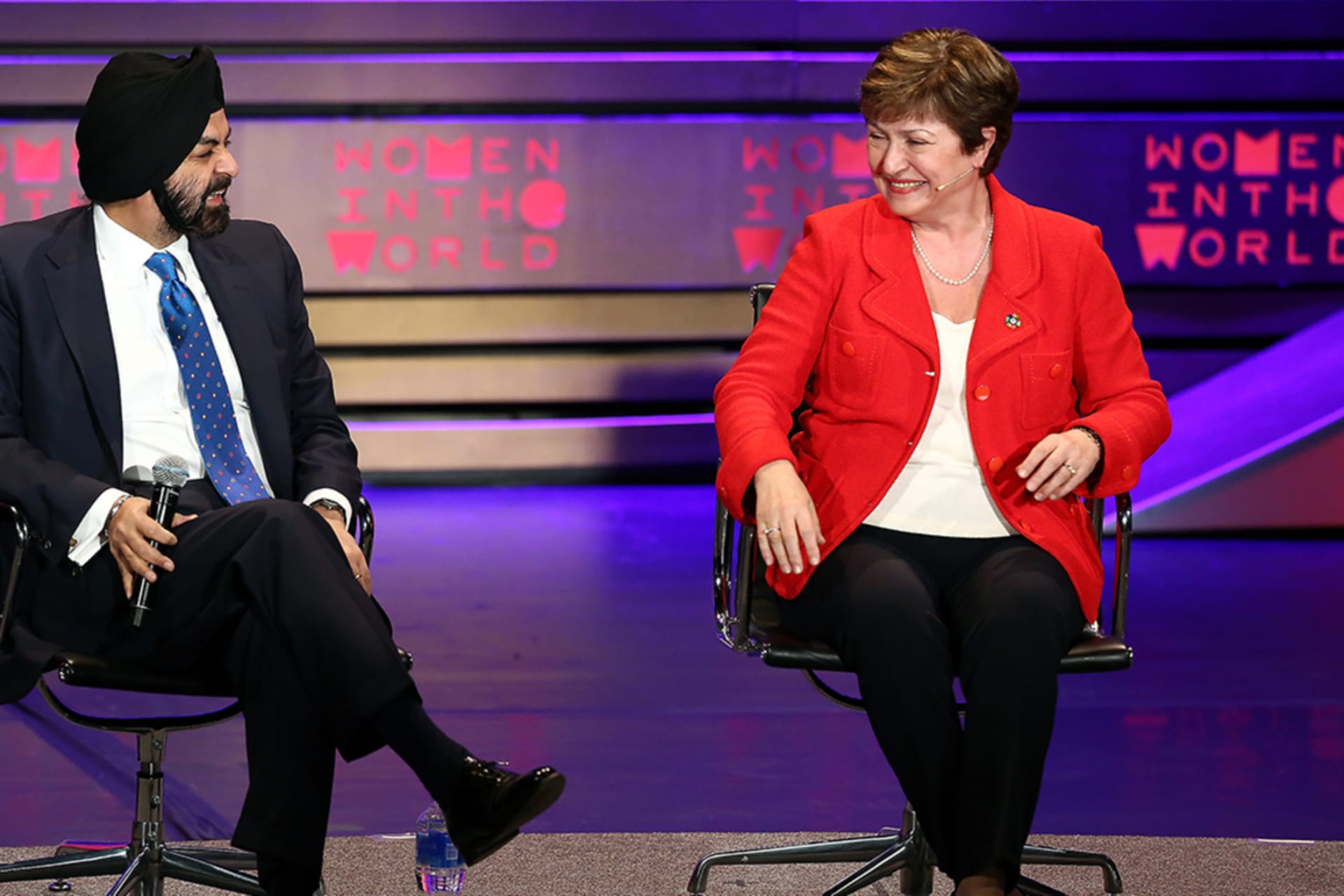 <p> President and CEO at Mastercard Ajay Banga (L) and CEO at the World Bank Kristalina Georgieva speak on stage at the 8th Annual Women In The World Summit at Lincoln Center for the Performing Arts in New York City.</p>
