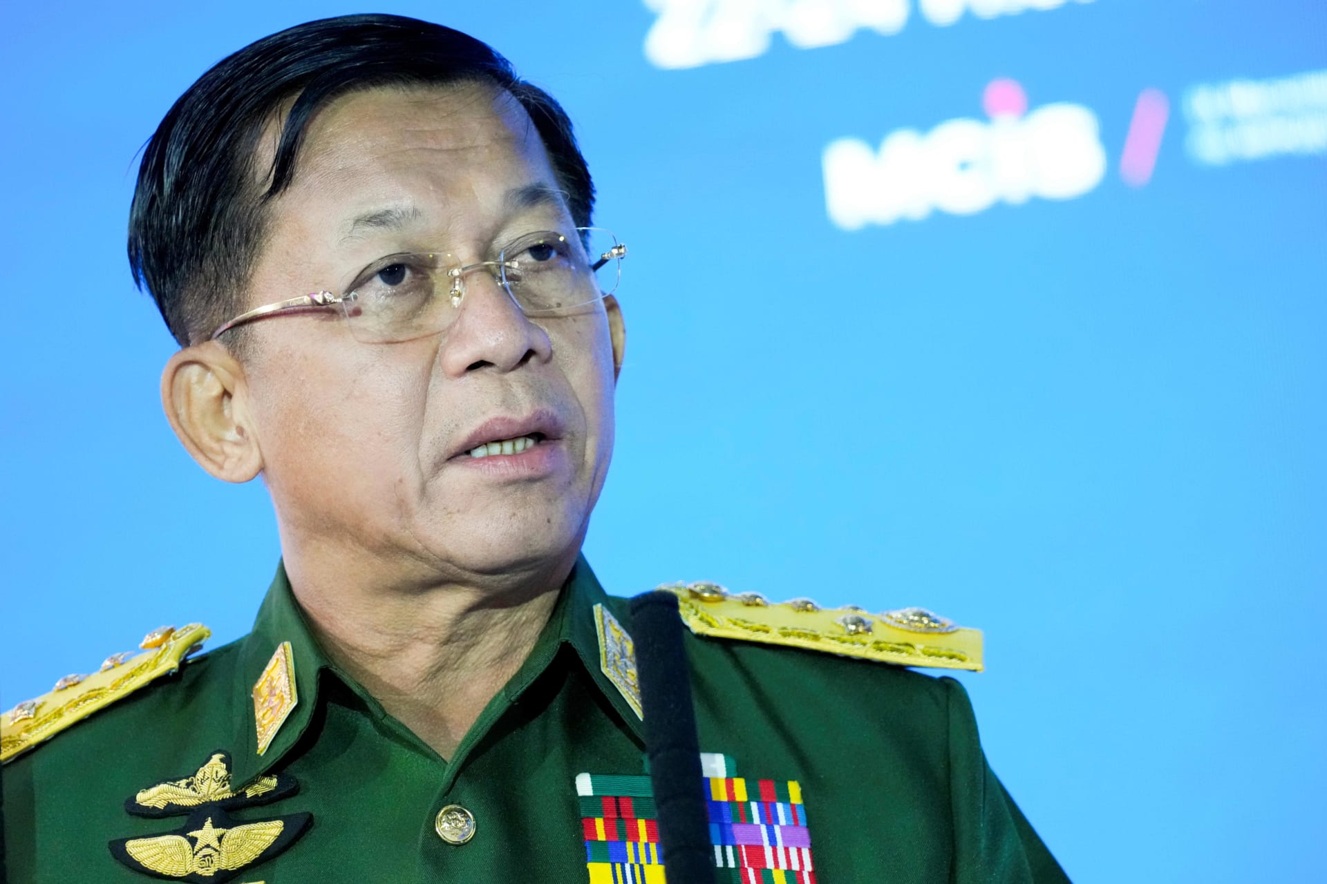 <p>Commander-in-Chief of Myanmar’s armed forces, Senior General Min Aung Hlaing delivers his speech at the IX Moscow conference on international security in Moscow, Russia, on June 23, 2021.</p>
