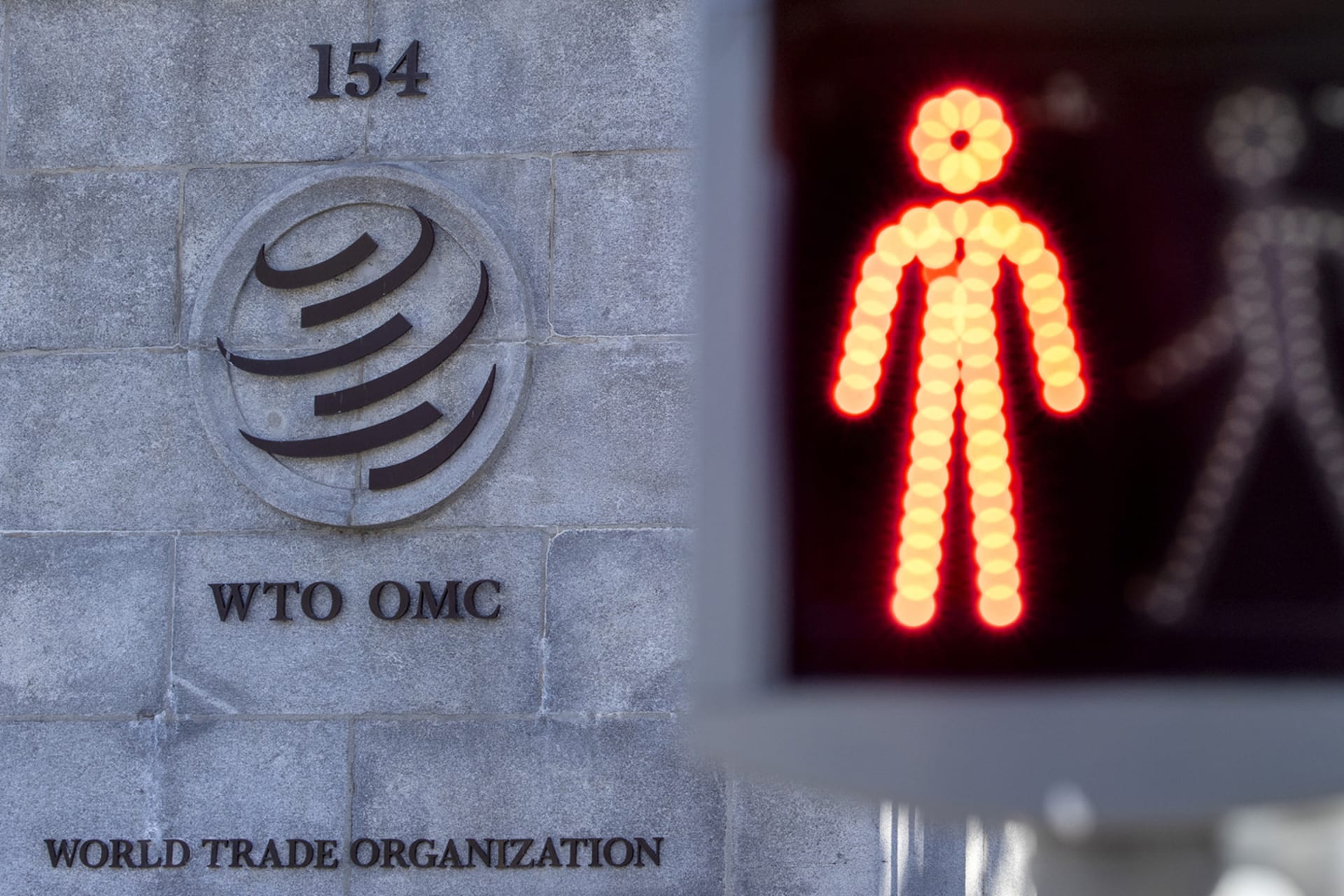 <p>A logo is seen at the World Trade Organization (WTO) headquarters before a news conference in Geneva, Switzerland.</p>
