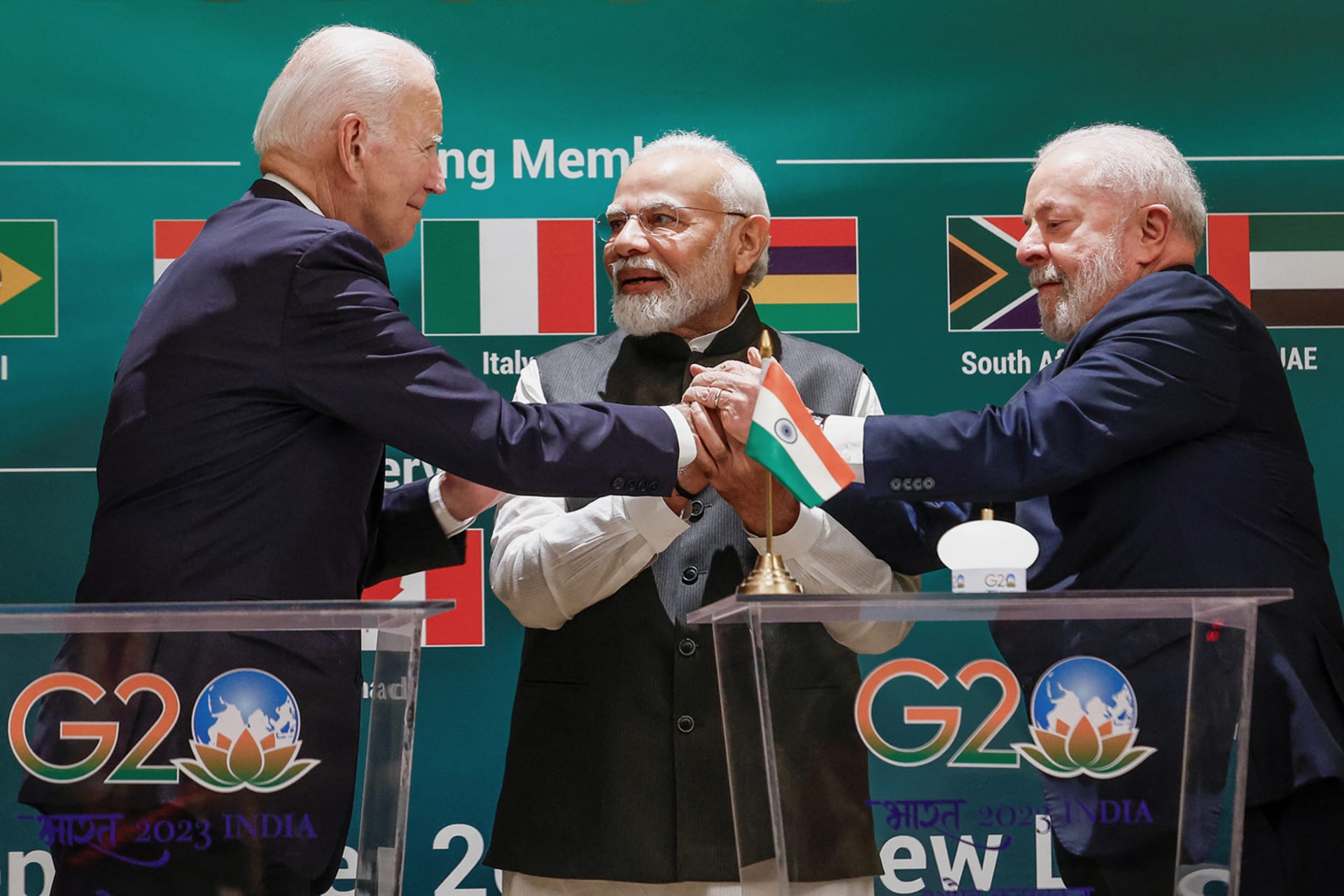 <p>U.S. President Joe Biden, Indian Prime Minister Narendra Modi and Brazilian President Luiz Inacio Lula da Silva hold hands as they attend the launch of the Global Biofuels Alliance at the G20 summit in New Delhi, India.</p>

