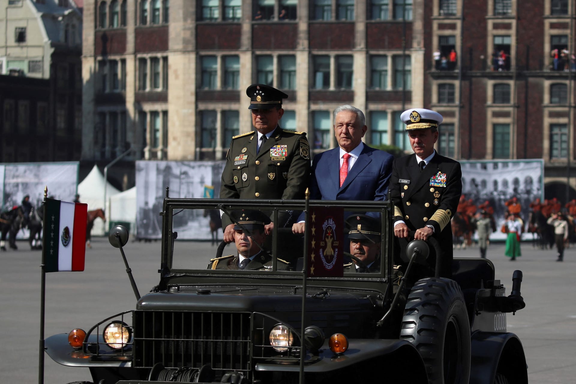 <p>Mexico’s President Andrés Manuel López Obrador attends a parade marking the 113th anniversary of the Mexican Revolution with his secretary of defense and secretary of the navy on November 20, 2023.</p>

