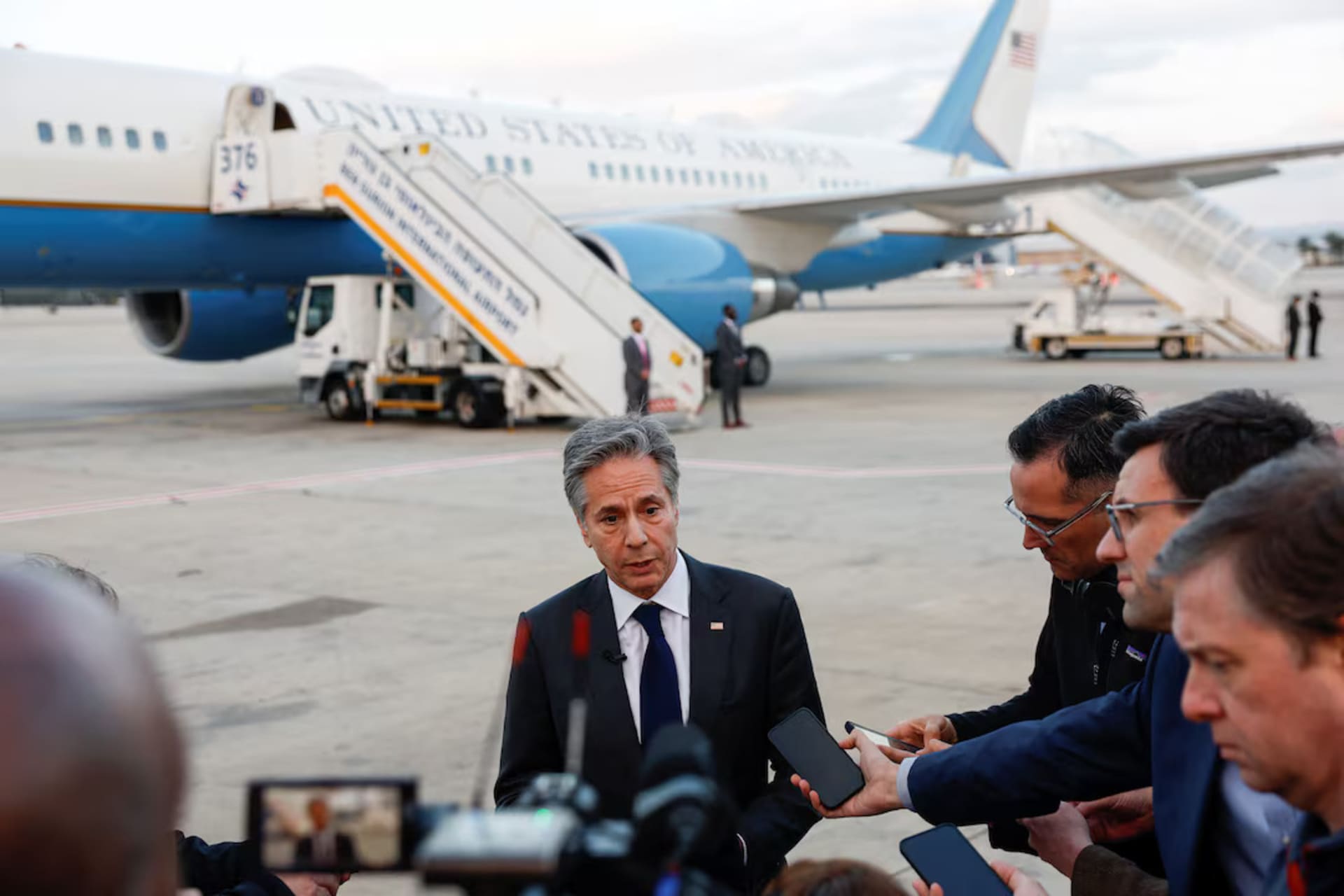 <p>U.S. Secretary of State Antony Blinken speaks to the media, before departing, at Ben Gurion International airport, Tel Aviv, Israel, March 22, 2024.</p>
